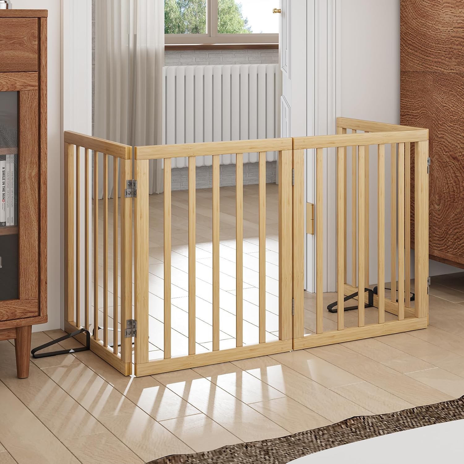 Detalle de Morwdxef Natural Bamboo Freestanding Dog Gate (4 Panels) for Stairs and Doorways