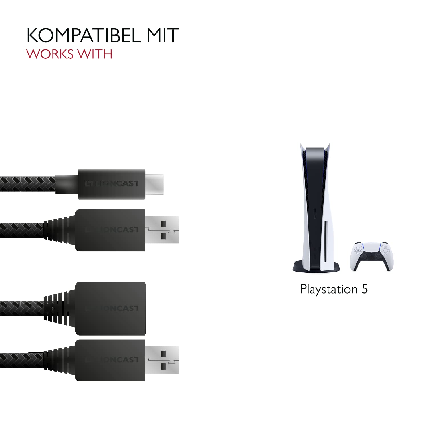 Thumbnail 5 de Lioncast Ladekabel für Xbox / PS5 – 4 m Set (3,5 m + 0,5 m) mit Nylonmantel und Schnell-Ladekabel für DualSense