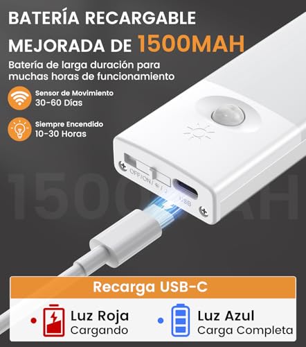 Thumbnail 3 de YOOKESEN Luz LED con Sensor de Movimiento 78 LEDs (3 colores), USB-C Recargable, 4 Modos y 3 Piezas para Armario, Pasillo, Garaje