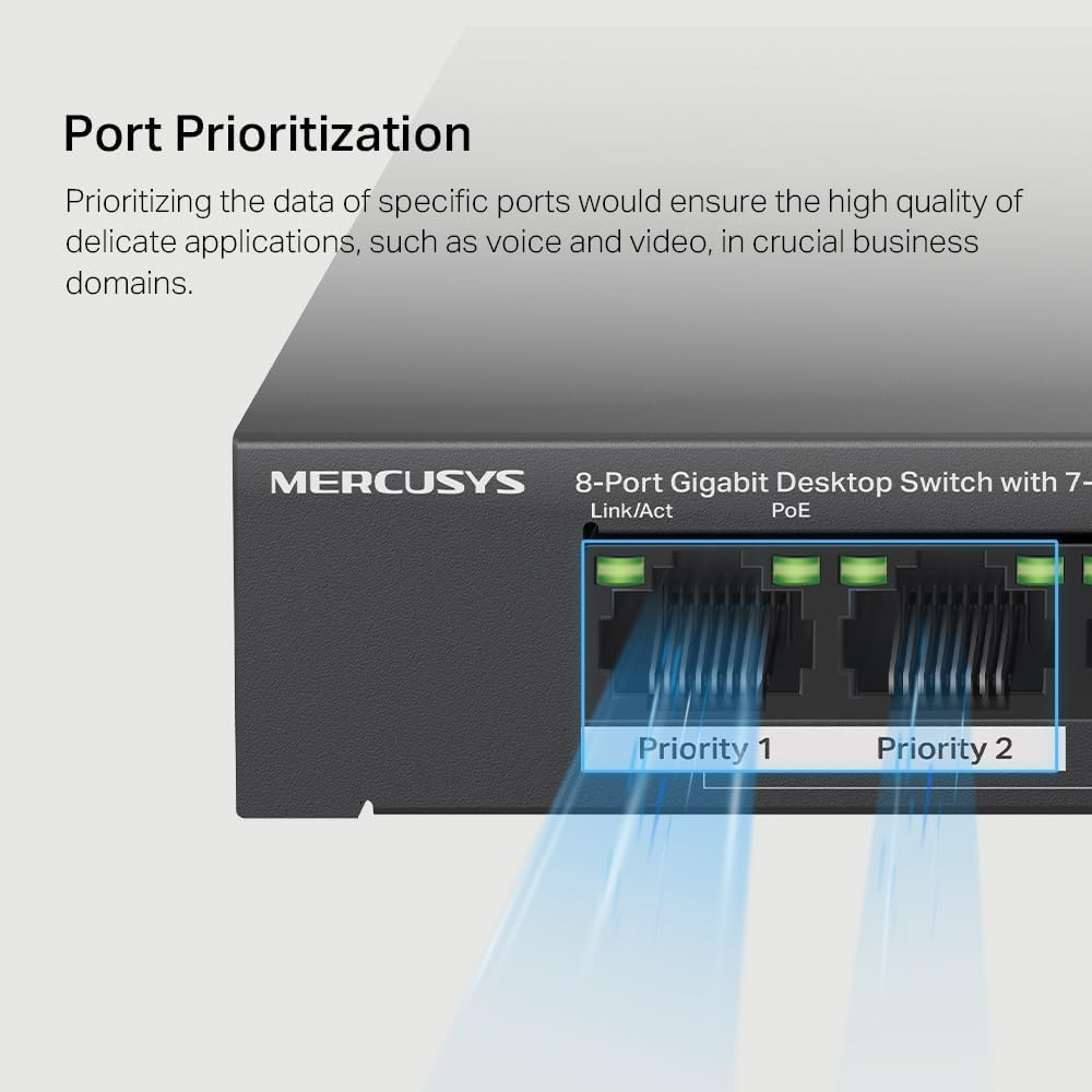 Detalle 2 de MERCUSYS MS108GP 8-Port Gigabit PoE Switch with 7 PoE+ Ports and 250 m Extend Mode