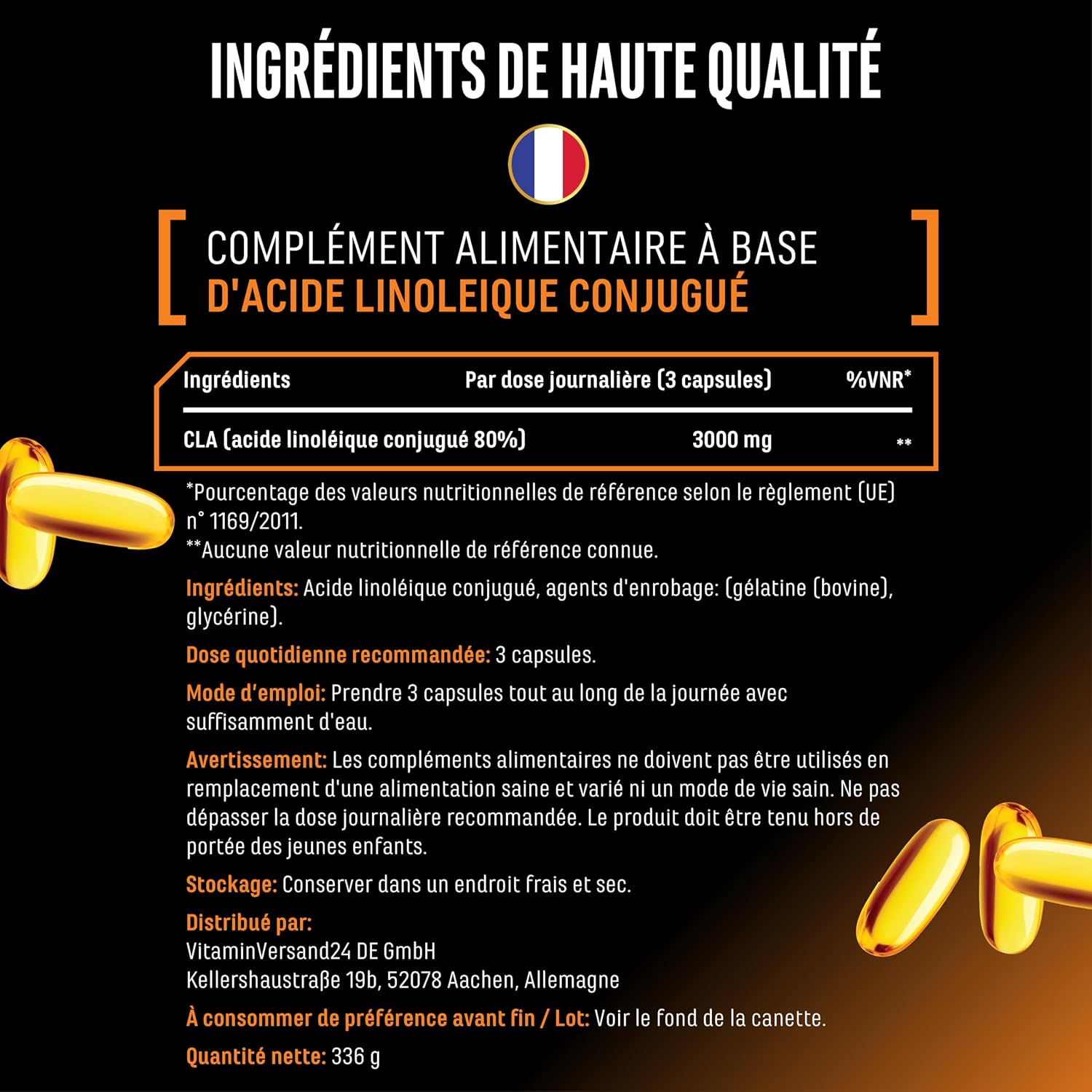 Detalle de CLA 240 gélules 1000 mg (3000 mg/jour) – Acide Linoléique Conjugué pur – German Elite Nutrition