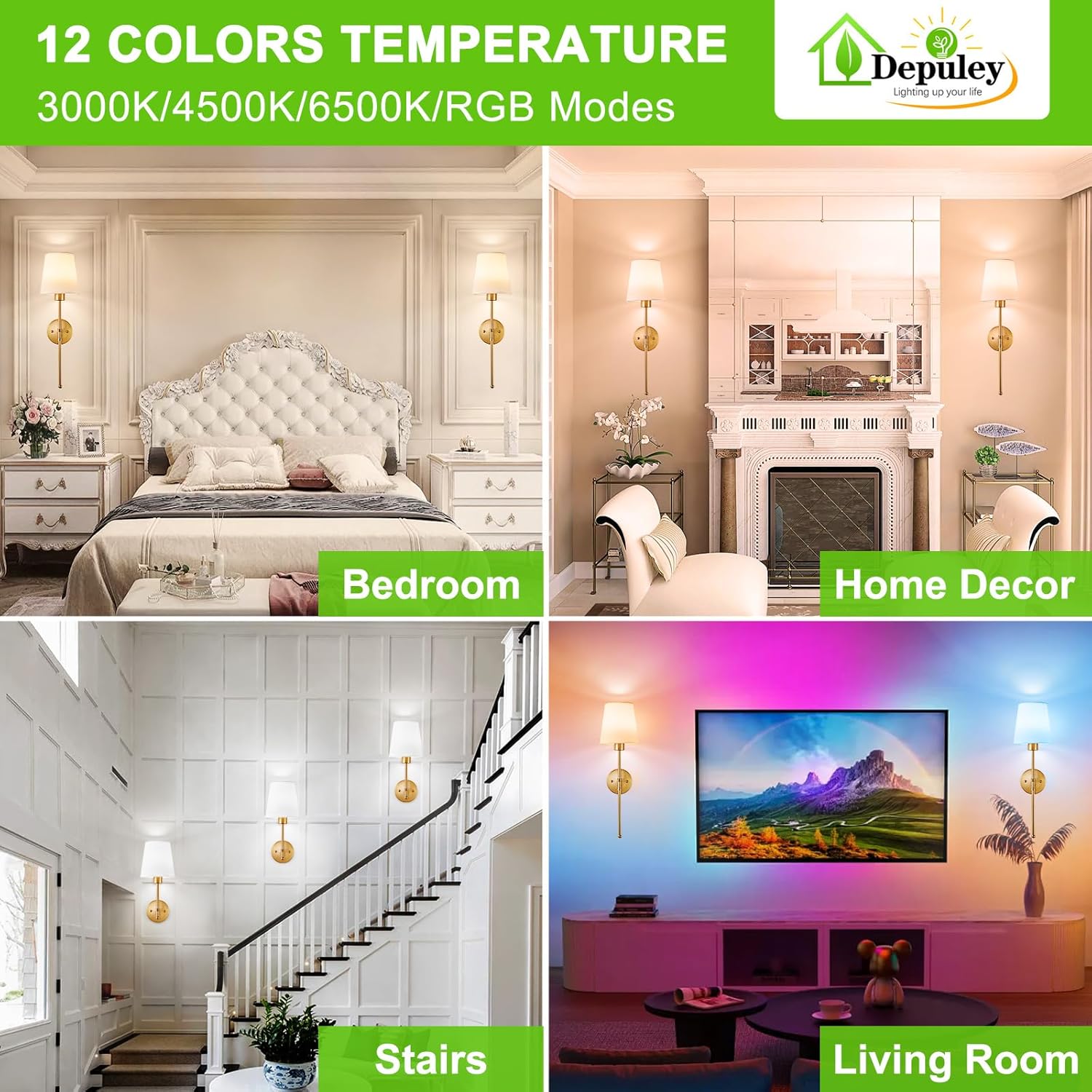 Detalle de Depuley Battery Operated Wall Sconce Set of 2 with Remote | Wireless, Rechargeable 10000mAh, 12 RGB Colors, 3000K-6500K dimmable