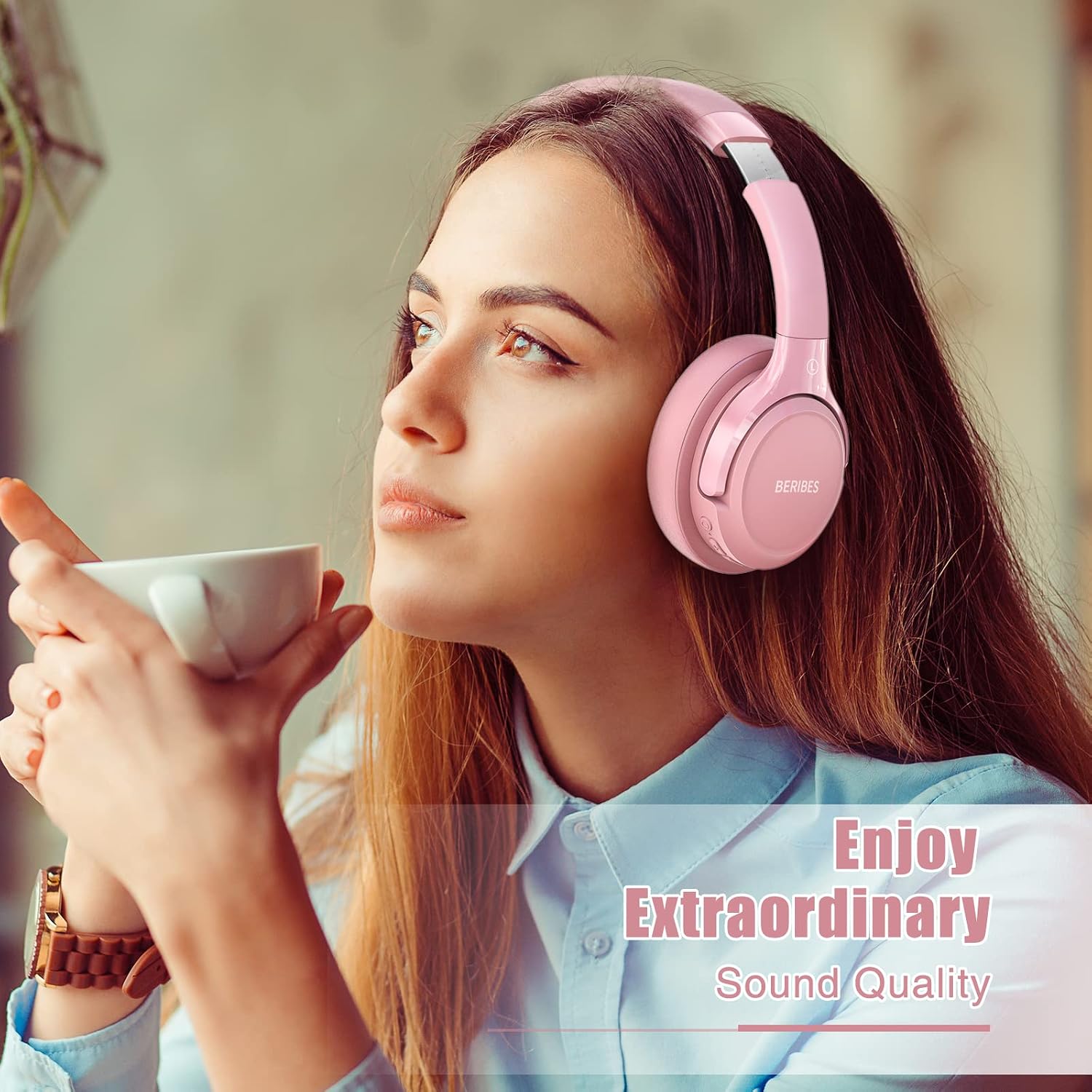 Detalle de BERIBES Bluetooth Over-Ear Kopfhörer – 65 Stunden Akku, 6 EQ‑Modi, Bluetooth 5.2, faltbar, rosa