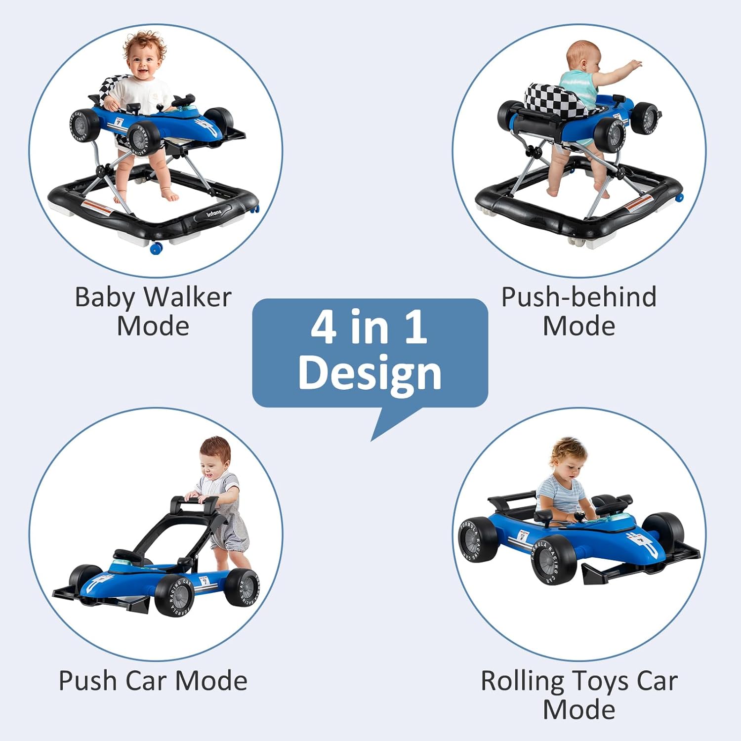 Thumbnail 1 de INFANS 4 in 1 Baby Walker (Foldable Toddler Activity Center with Adjustable Height, Blue) — Music & Lights
