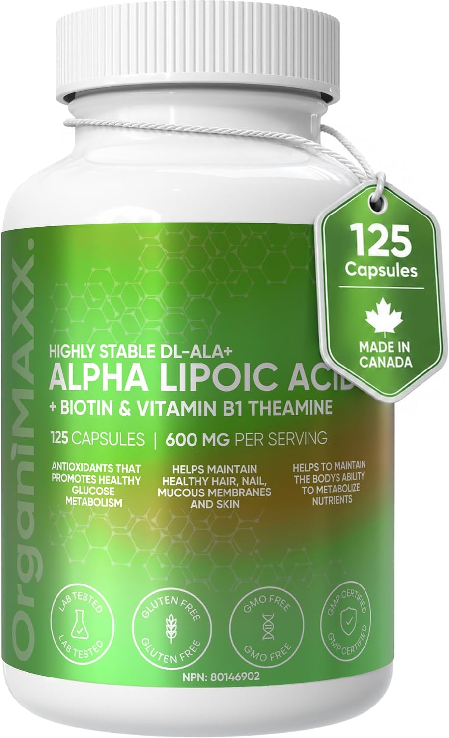 Detalle de OrganiMAXX. Alpha Lipoic Acid 125, 600 mg Capsules with B1 and Biotin