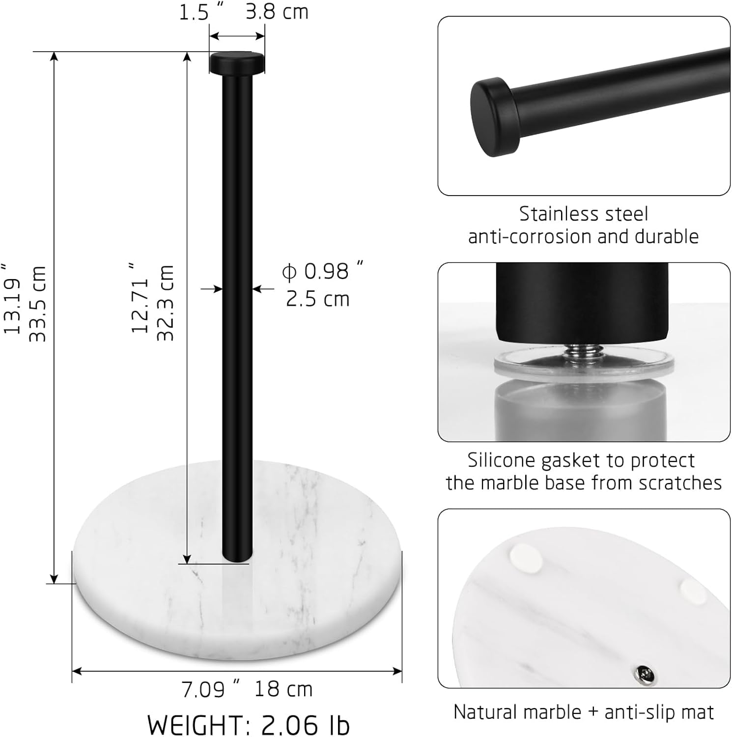 Thumbnail 1 de Paper Towel Holder Countertop with 18cm Marble Base and Stainless Steel Stand – White/Black