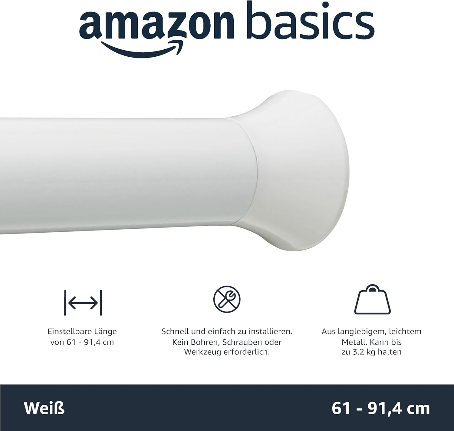 Detalle 2 de Amazon Basics verstellbare Duschvorhang-Spannstange, 61–91 cm, Weiß