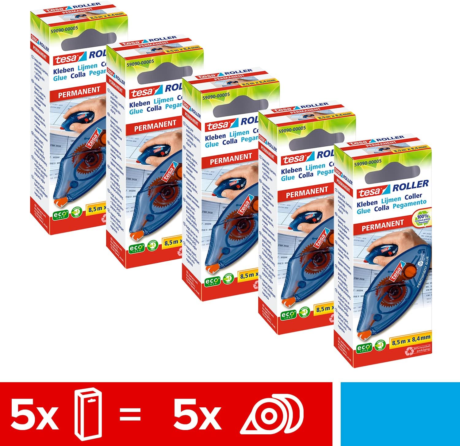 Thumbnail 1 de tesa Roller Kleben Permanent ecoLogo Einwegroller im 5er Pack – umweltfreundliche Klebelösung mit PET-Band