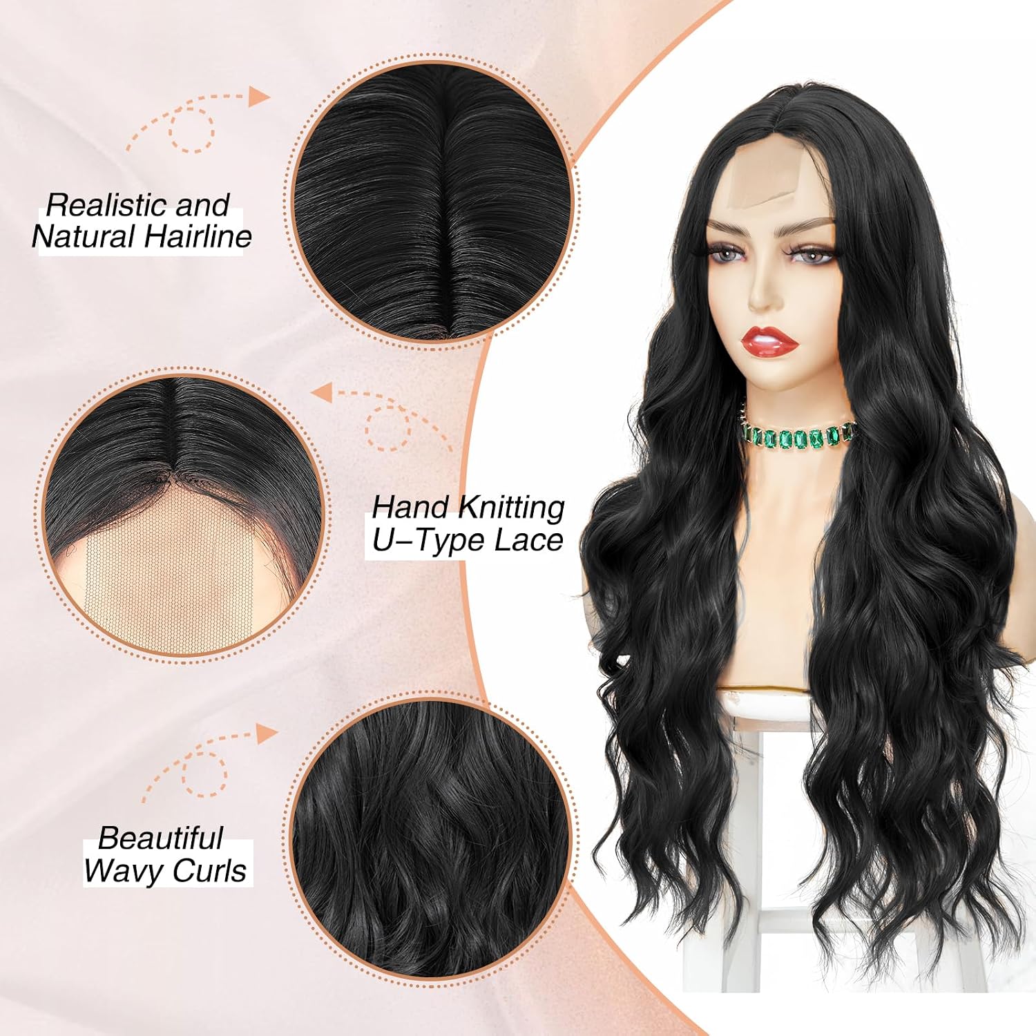 Detalle de NAYOO 229219 26-Inch Long Wavy Black Synthetic Wig with Middle Part