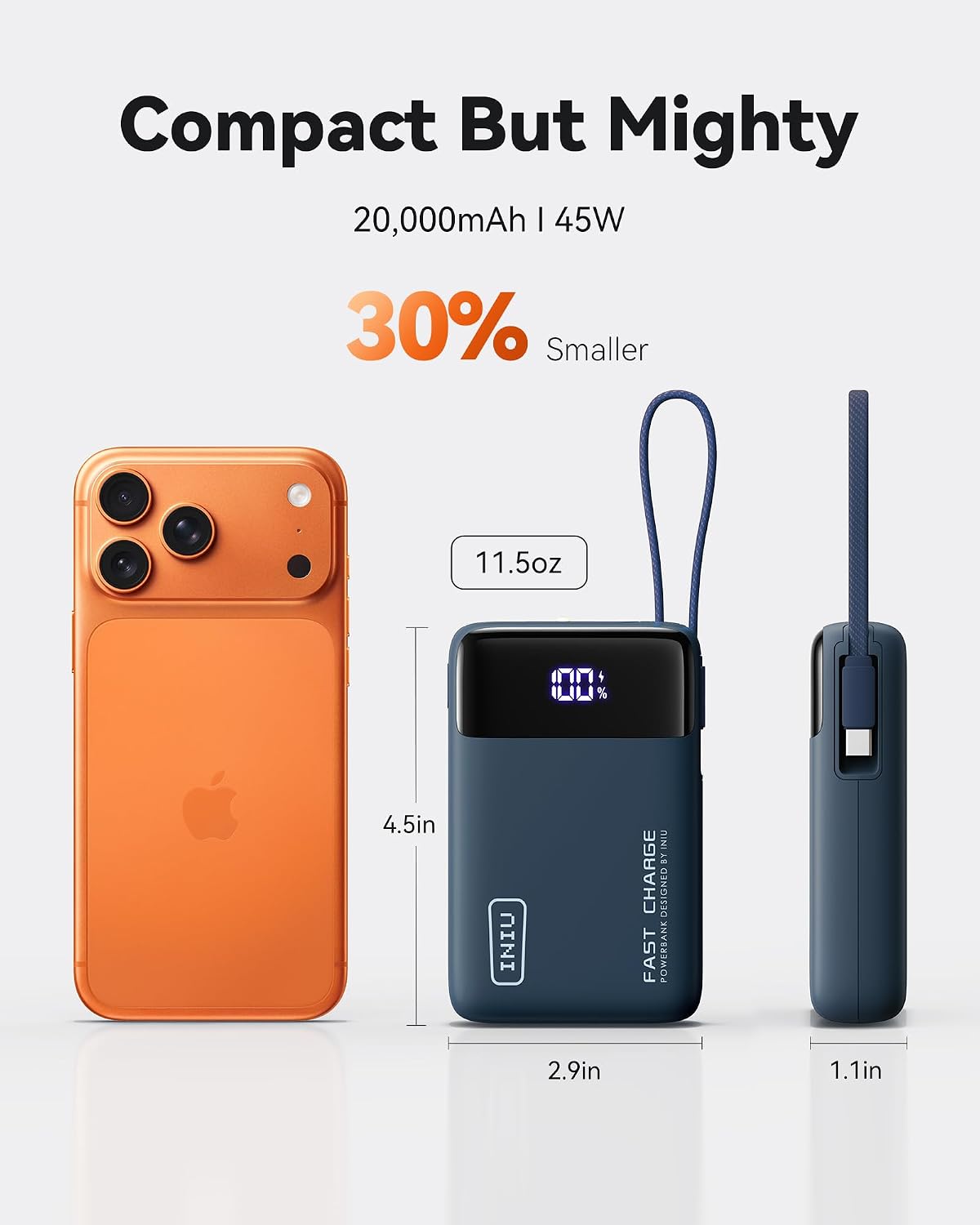 Detalle de INIU 45W powerbank med 20 000 mAh och inbyggd USB-C-kabel, blå