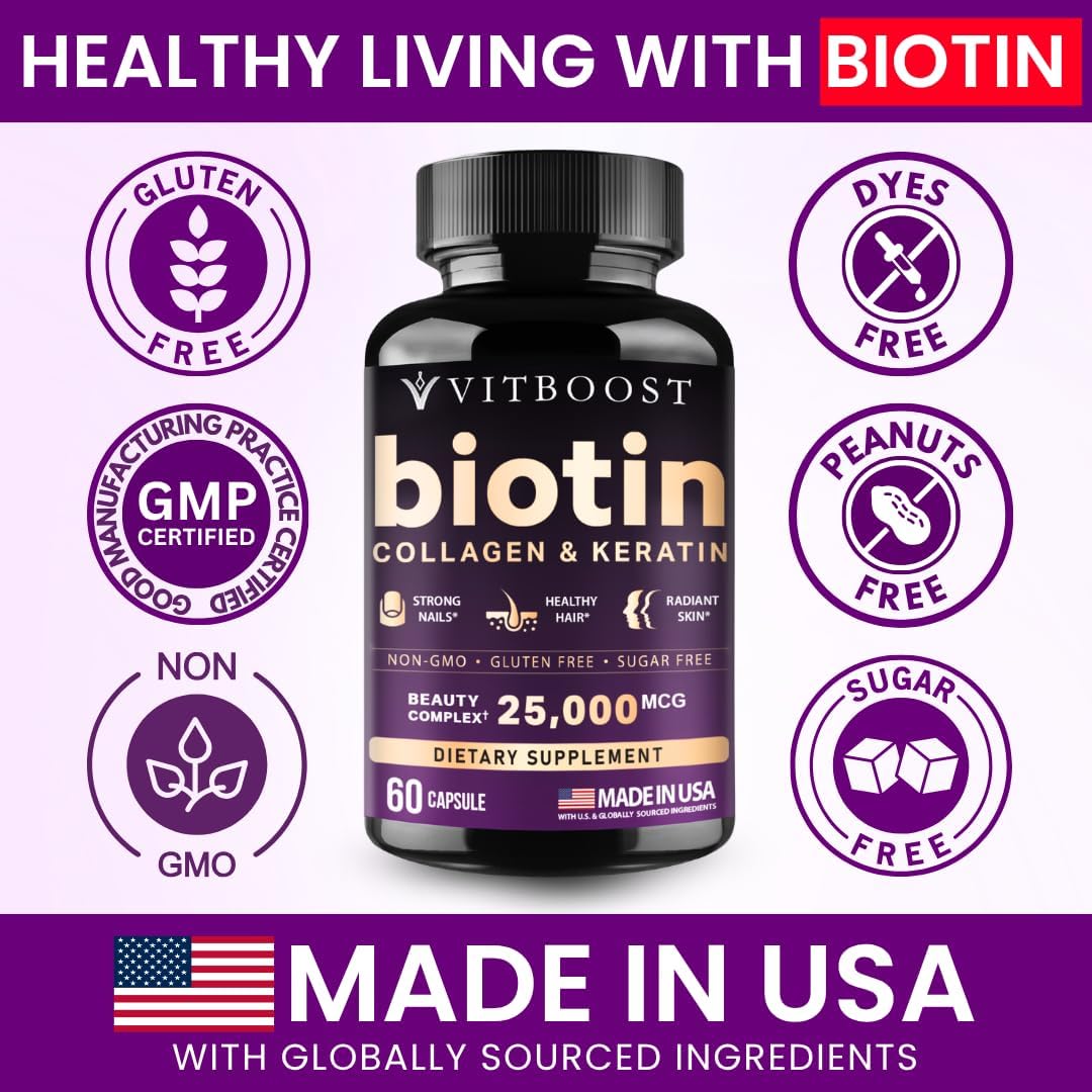 Detalle de VITBOOST Biotin Supplement with Hyaluronic Acid, Collagen & Keratin, 25,000 mcg, 60 Count