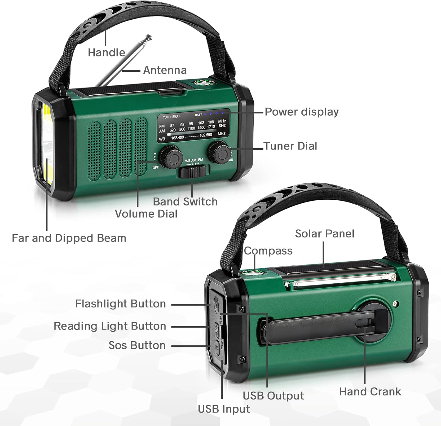 Thumbnail 4 de Hand Crank Emergency Radio with NOAA Weather & AM/FM, Solar + 10,000mAh Battery