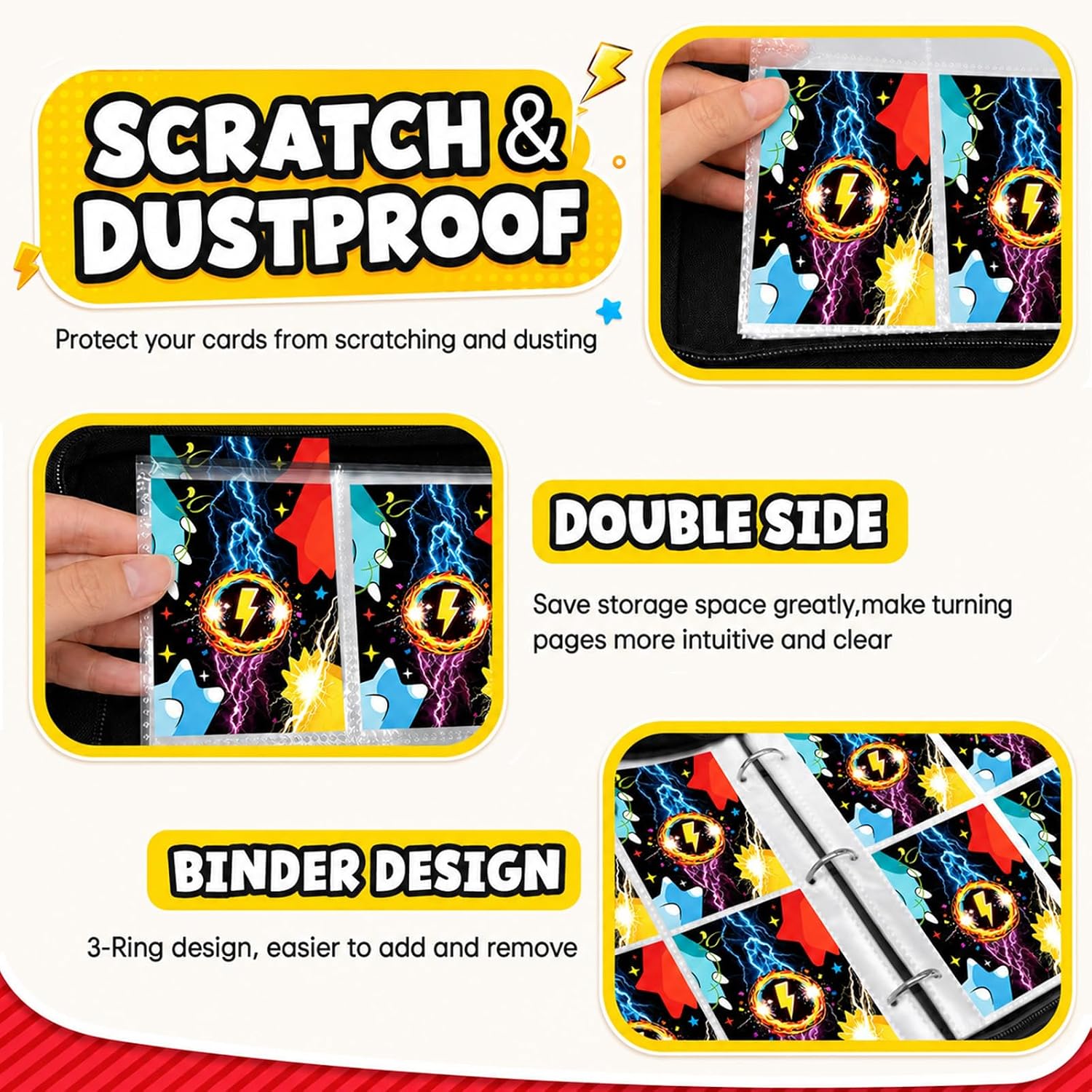 Detalle de KEMINO CB-001 Trading Card Binder, 400-Card Capacity, Zippered PU Cover