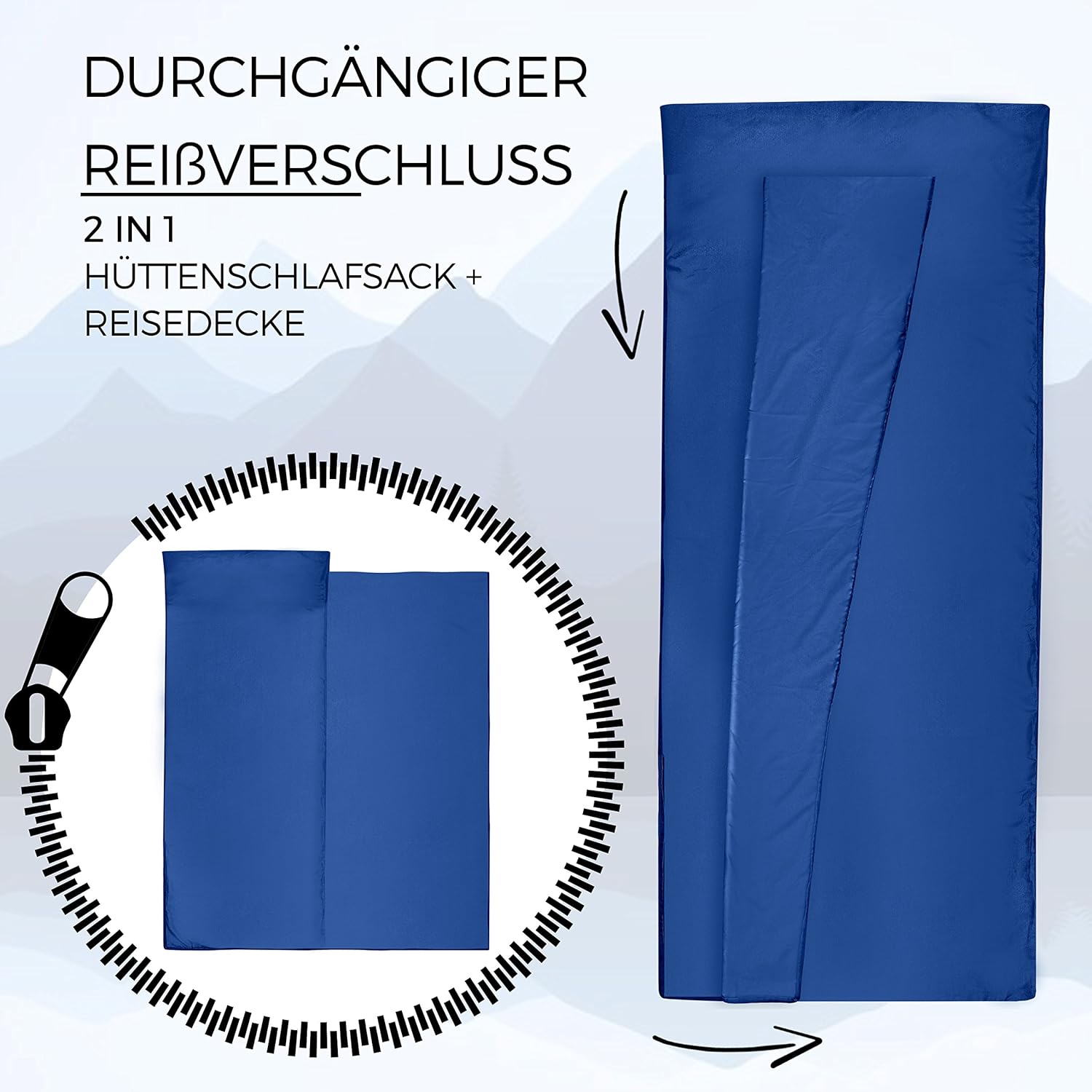 Detalle de MIQIO 2in1 Hüttenschlafsack Ultra leicht mit Reißverschluss – vielseitiger Reiseschlafsack und XL Reisedecke