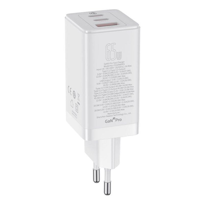 Detalle de Baseus GaN5 Pro: Cargador de Pared 65 W con 3 Puertos (Blanco)