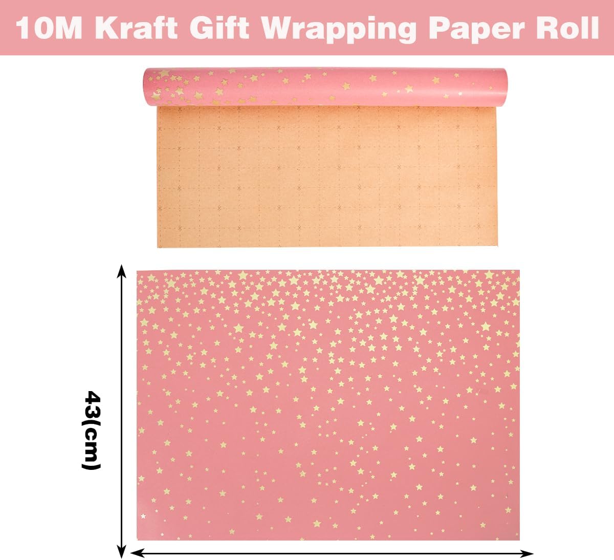 Thumbnail 1 de Birthday wrapping paper roll (43cm x 10m) pink kraft with gold stars