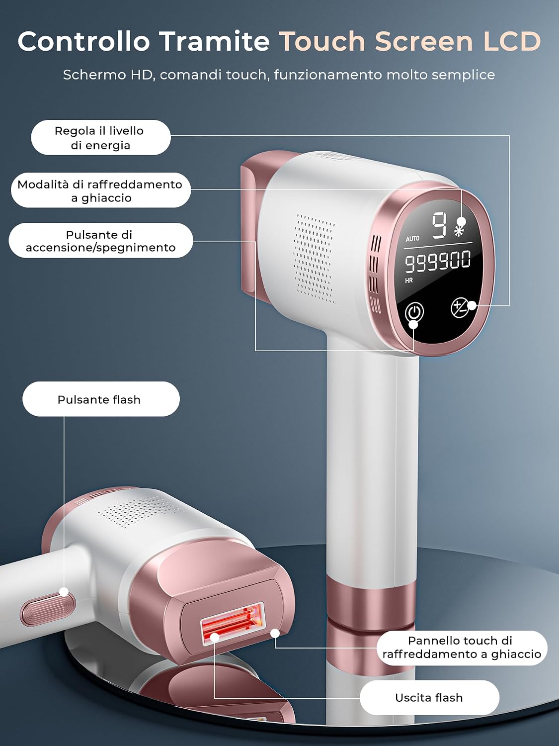 Detalle 2 de Deplite Epilatore a Luce Pulsata con raffreddamento a ghiaccio, schermo LCD touch e modalità di scorrimento automatico (rosa)