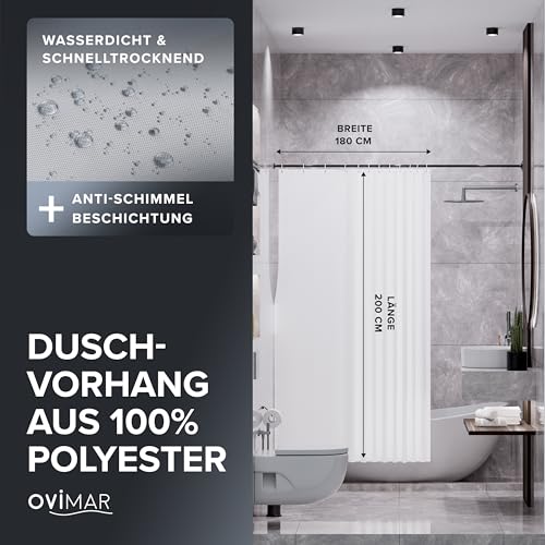 Detalle de ovimar Magnetischer Duschvorhang Langfossen 180 x 200 cm – weiß, waschbar, schnelltrocknend, Anti-Schimmel mit Magnetleiste und Ringset