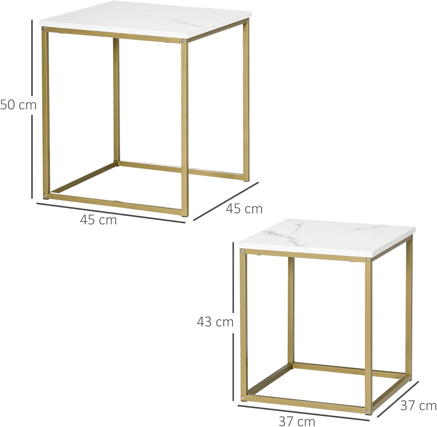 Detalle de HOMCOM Lot de 2 tables basses gigognes avec plateau blanc effet marbre et piétement acier doré
