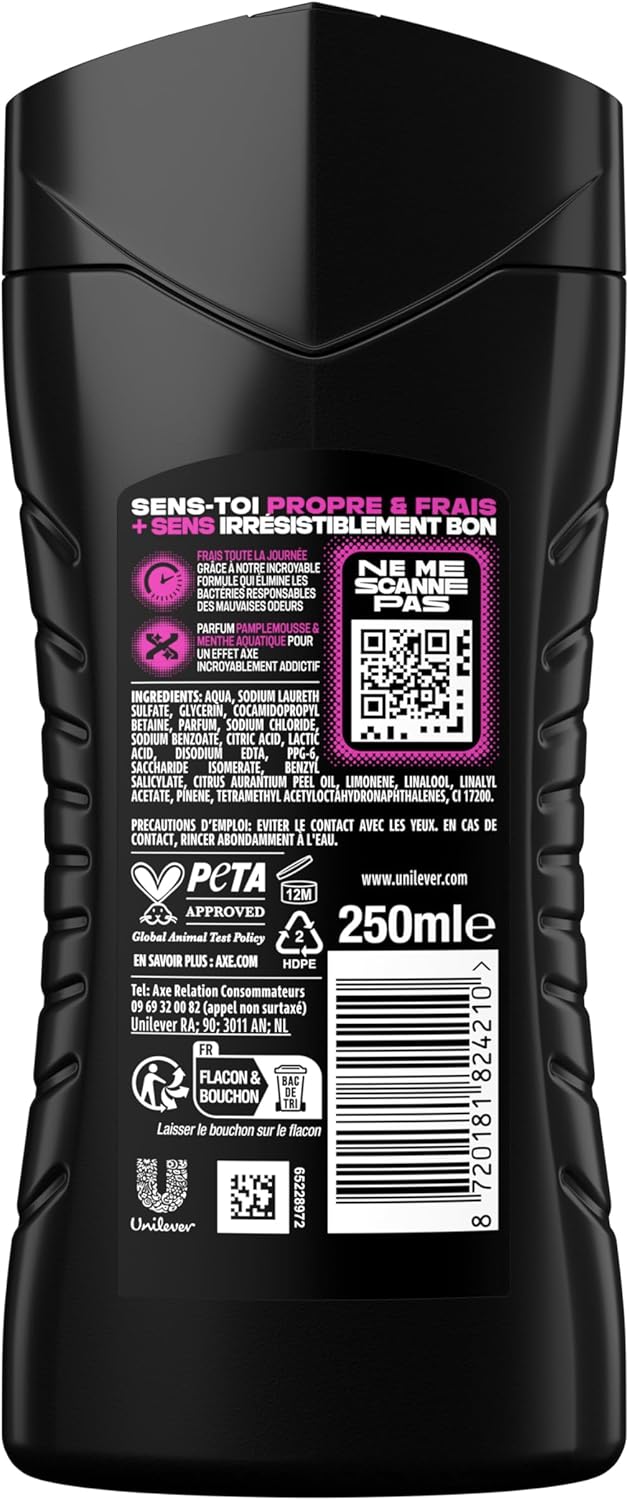 Detalle de AXE Gel Douche Homme 5en1 Numéro 10 – Lot de 2x250 ml, Pamplemousse & Menthe Aquatique