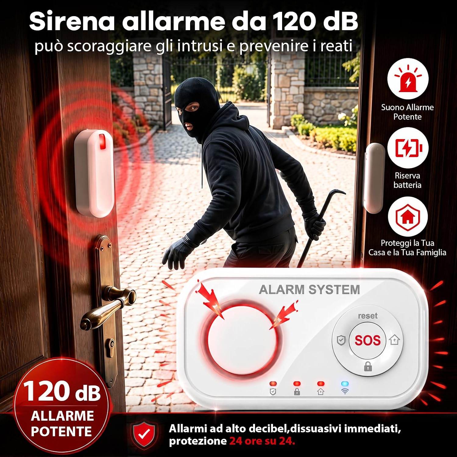Detalle de YISEELE Allarme Casa Senza Fili con centrale 120 dB, 4 sensori e telecomando (compatibile Alexa e Google Home)