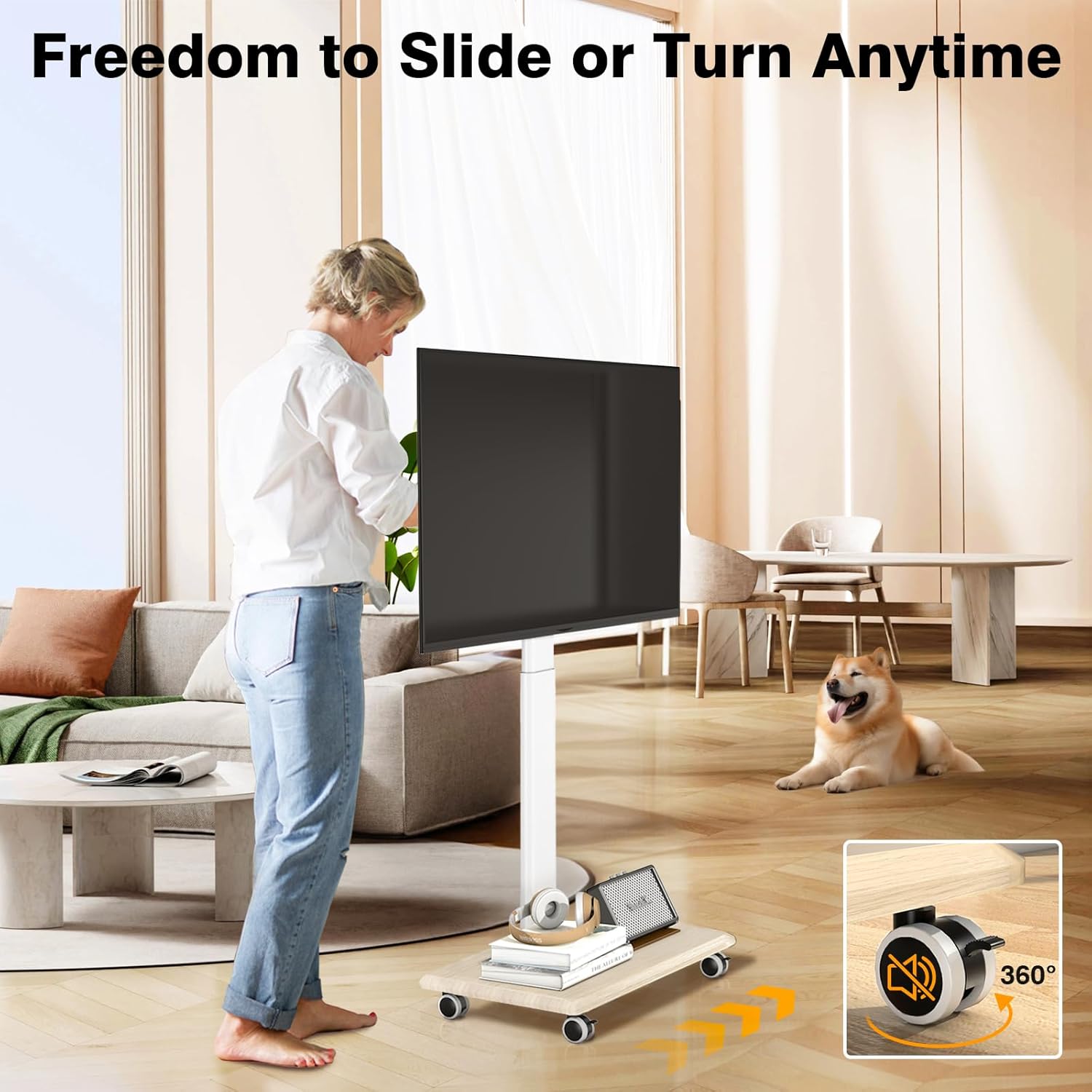 Thumbnail 5 de TVON Support TV sur pied à roulettes universel blanc et bois pour téléviseurs 32 à 65 pouces (VESA jusqu’à 400×400 mm)