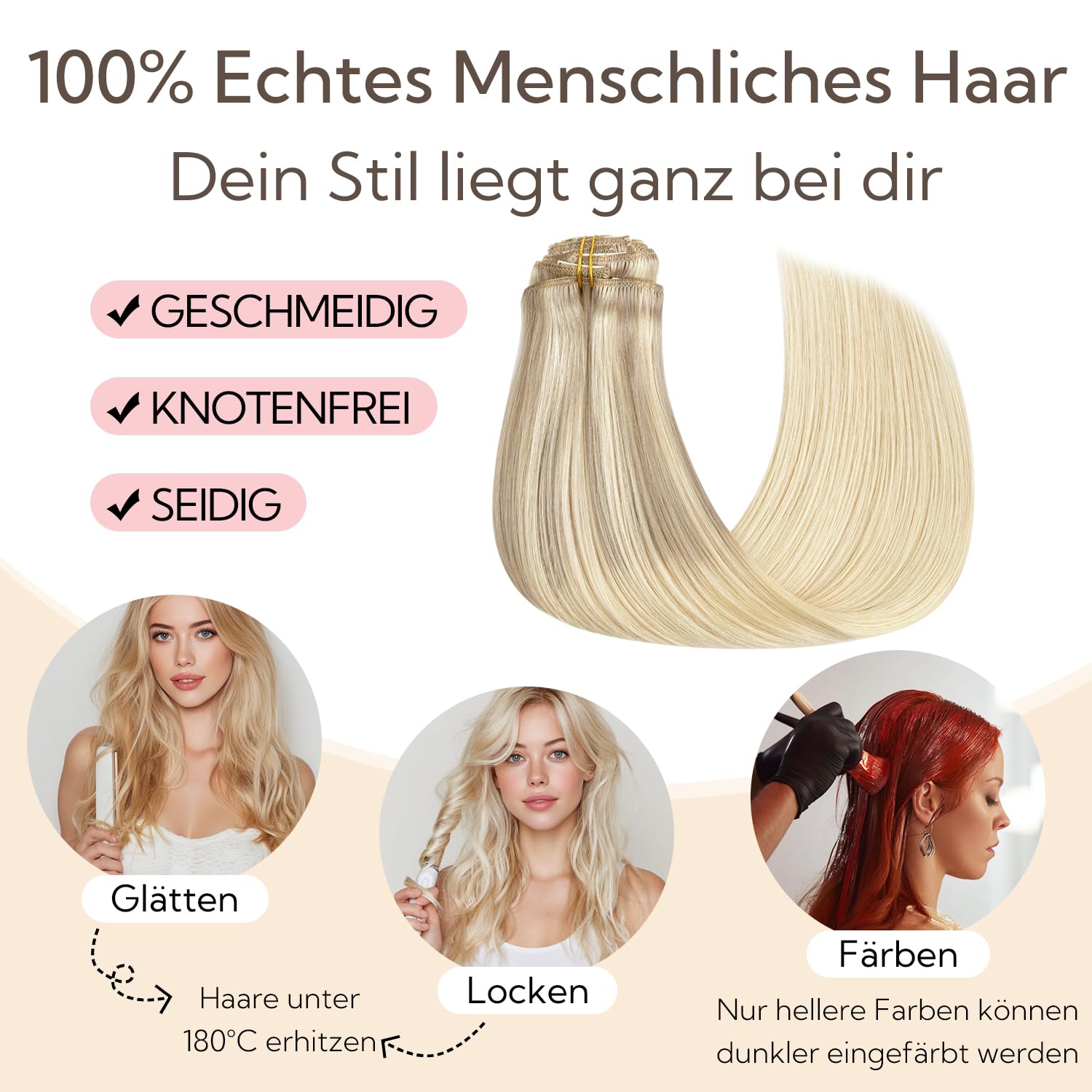 Detalle 2 de hotbanana Clip In Extensions Echthaar 50 cm / 120 g – 7-teiliges Set in Aschblond bis Goldblond und Platinblond