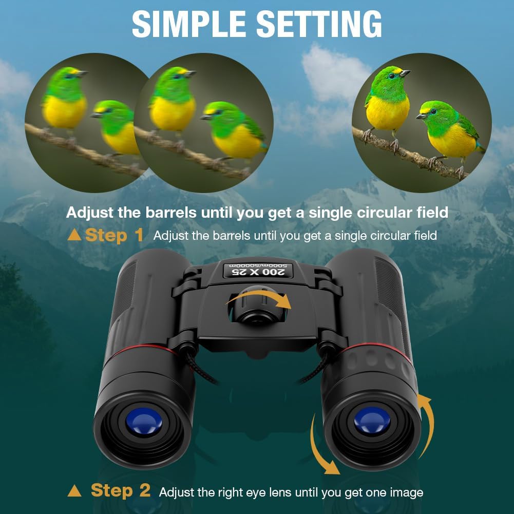 Detalle de OFFCUP 200x25 Mini Compact Binoculars: Lightweight, High-Powered Pocket Binoculars for Outdoors and Travel