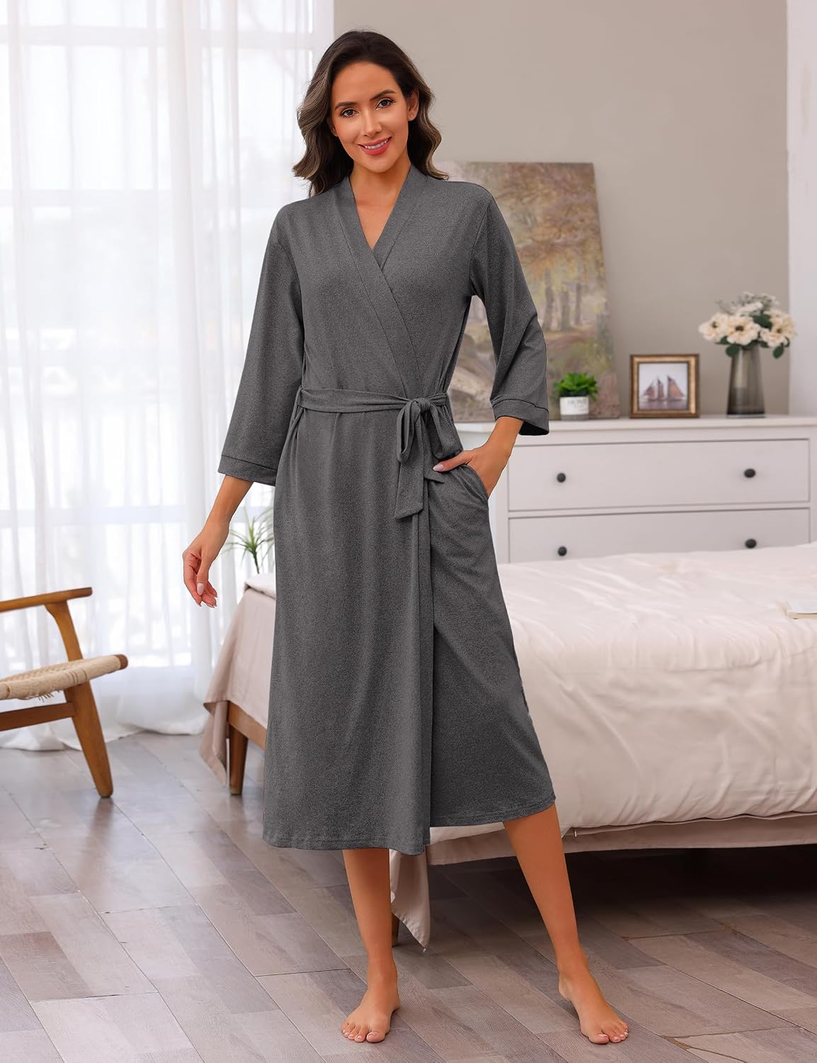 Thumbnail 1 de Marvmys robe de chambre femme en coton doux avec ceinture ajustable et poches