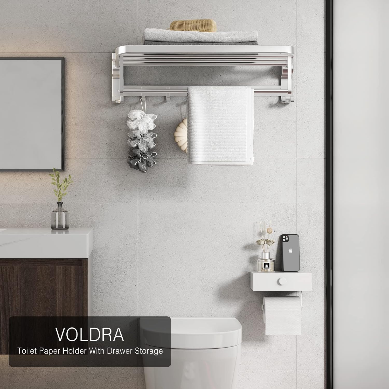 Thumbnail 6 de VOLDRA Toilettenpapierhalter mit Feuchttücherbox – ohne Bohren, mit Ablage und klappbarer Rollenhalterung