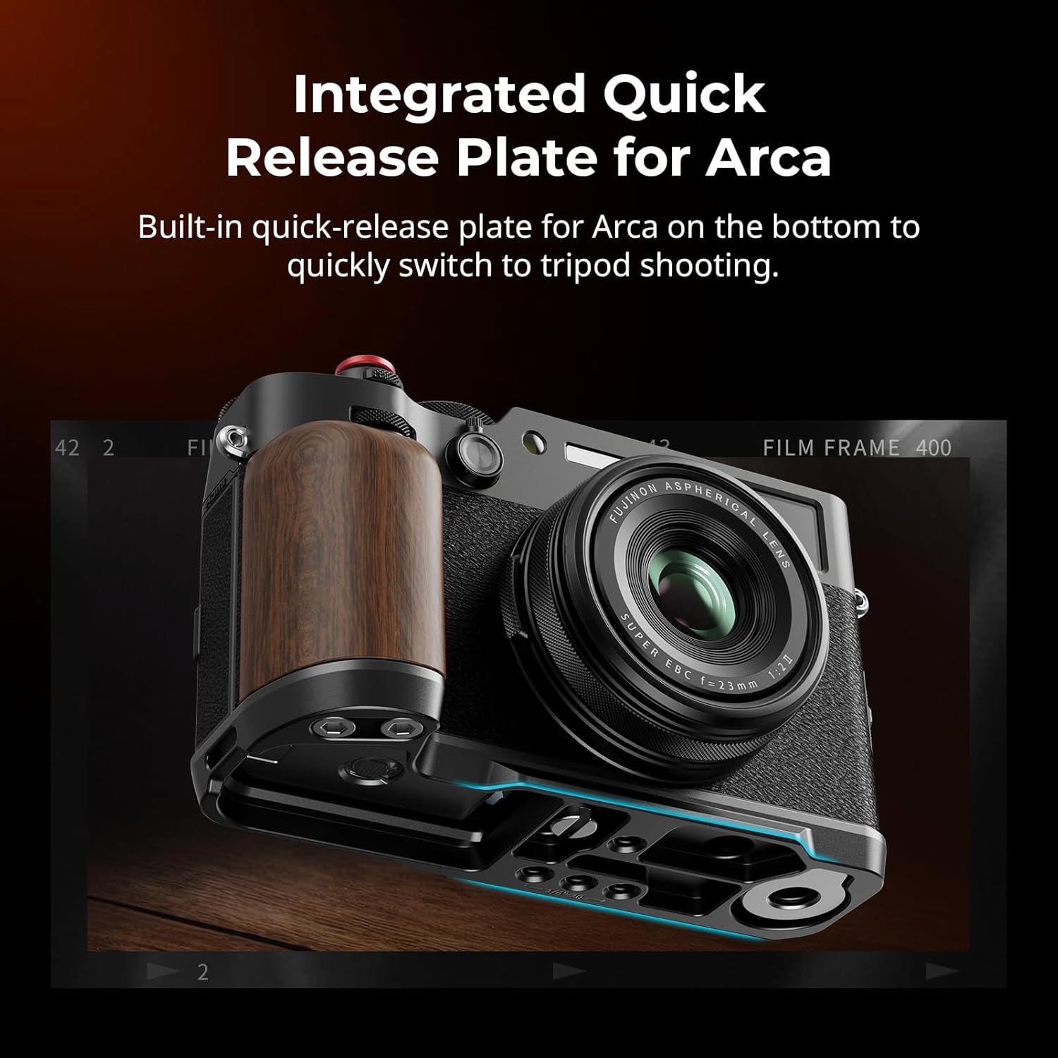 Detalle de SMALLRIG X100VI / X100V Handgrip with Wooden L-Shape – Built-in Arca Plate (Black) 4805