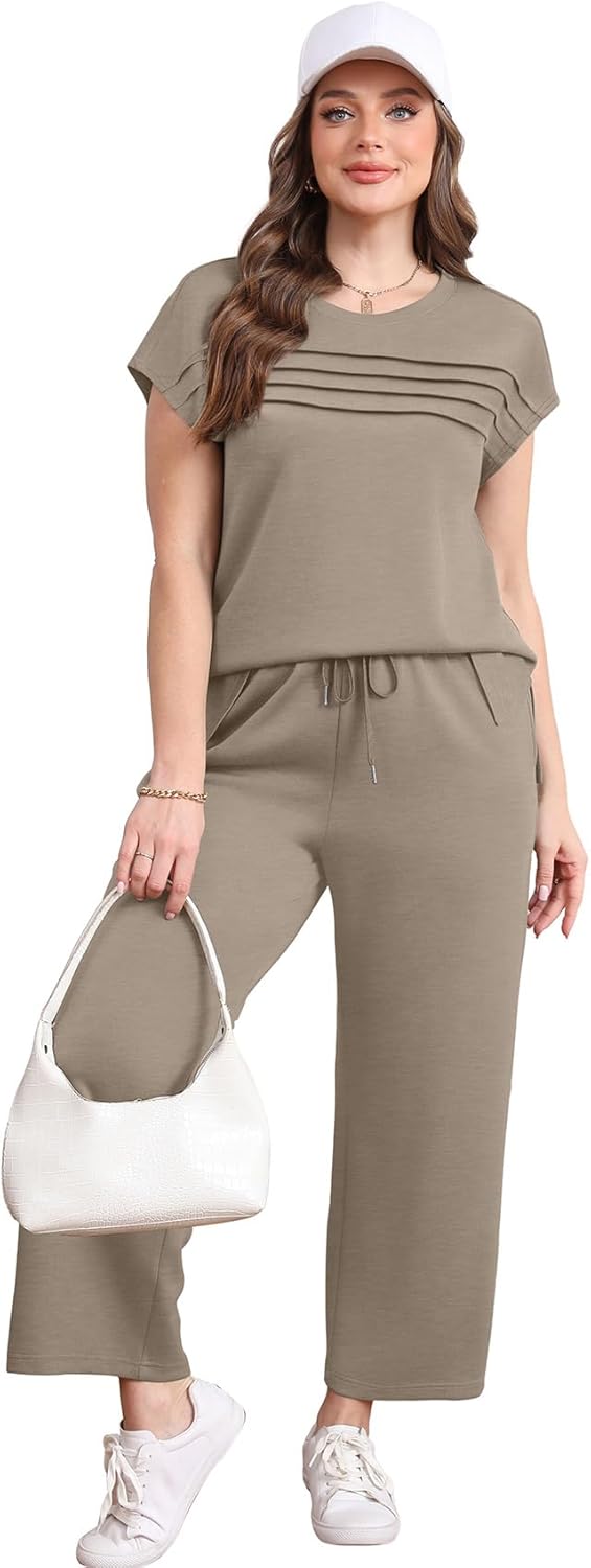 Detalle de WIHOLL Two-Piece Cap Sleeve Lounge Set with Wide-Leg Crop Pants (S–3XL)