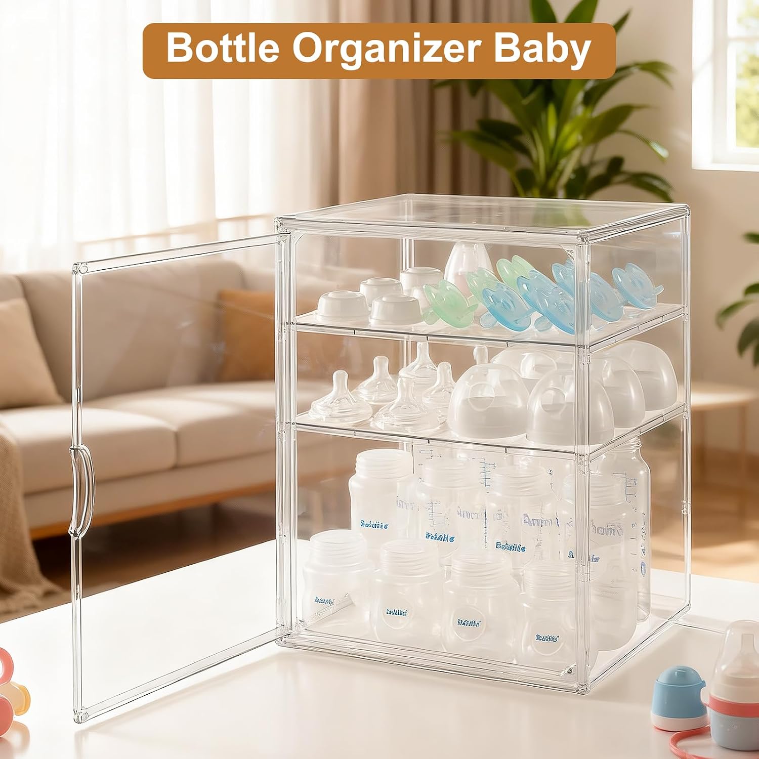 Detalle de ERTIUANIO YENPSNX-0106 3-Tier Baby Bottle Organizer, Clear Plastic, Magnetic Door