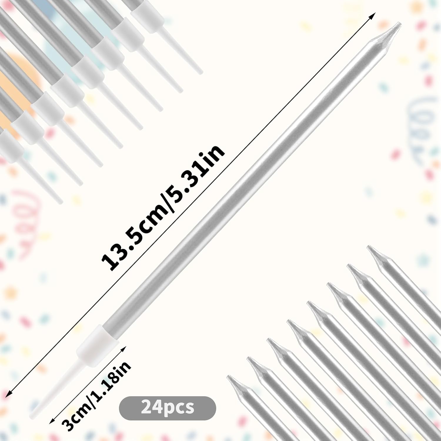 Thumbnail 1 de Glitter Silvery Birthday Candles for Cakes (24 pcs, 10cm) with Holders – long skinny cake toppers