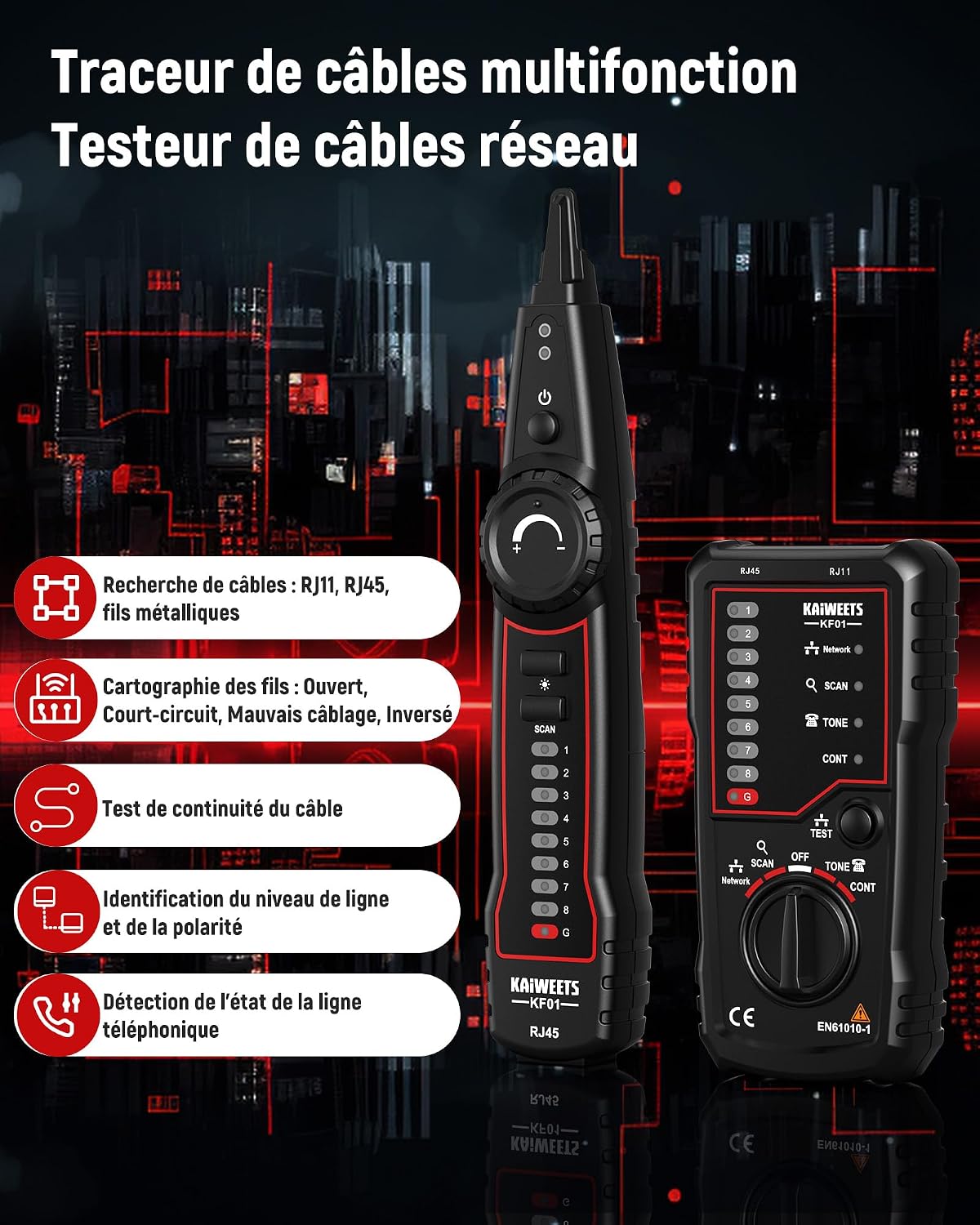 Detalle 2 de KAIWEETS Testeur de réseau - RJ45 RJ11, câble réseau et ligne téléphonique