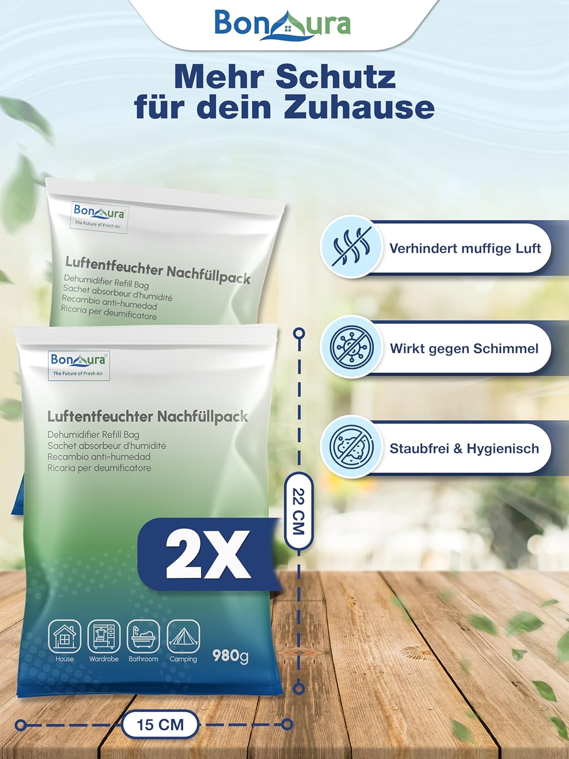Thumbnail 1 de BonAura® Luftentfeuchter Nachfüllpack 2x 980 g (2er Set) – Granulat gegen Feuchtigkeit, Schimmelgeruch und Kondenswasser