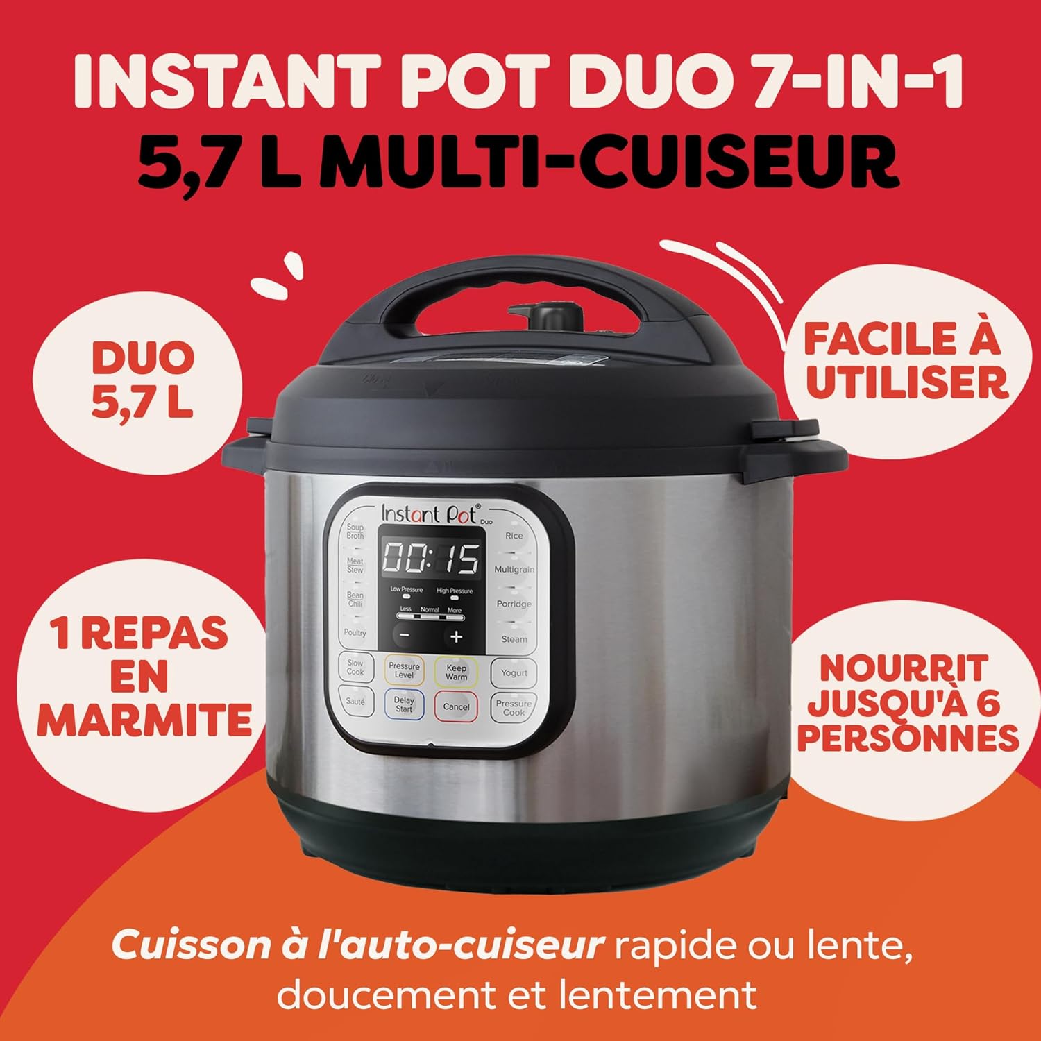 Thumbnail 1 de Instant Pot Duo 60 7 en 1 – Autocuiseur multifonction 5,7 L, inox (13 programmes)
