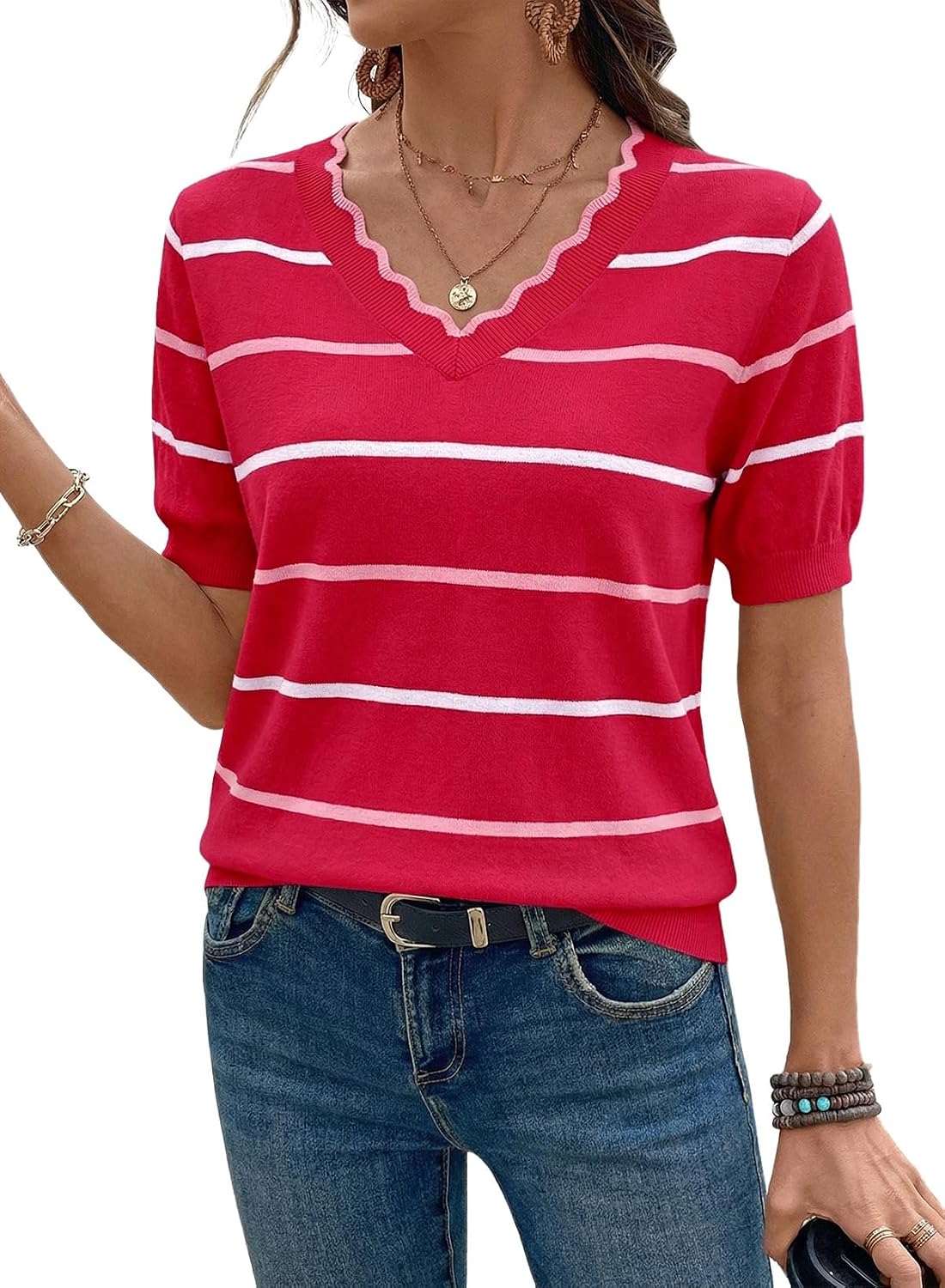 Detalle 2 de Dokotoo Womens Summer Short Sleeve Knit Tops – V-Neck Striped Casual Blouse