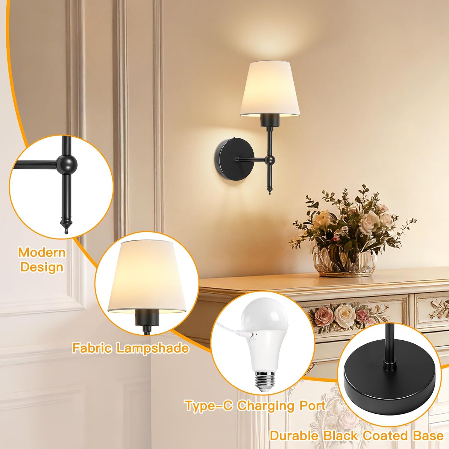 Thumbnail 1 de Dehobo Battery Operated Wall Lights Set of 2 with Remote, RGB & 3CCT — Black Fabric Shade