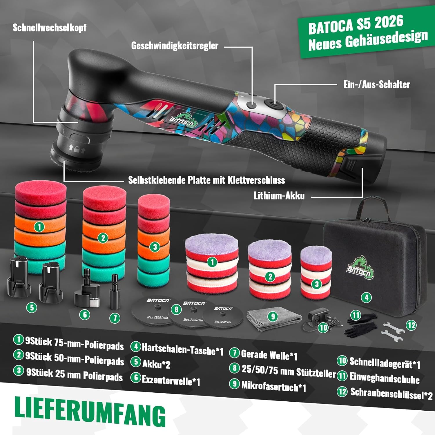 Detalle de BATOCA S5 Akku Mini-Poliermaschine – Rotations- und Exzentersystem mit 2 Akkus und 25/50/75 mm Pads