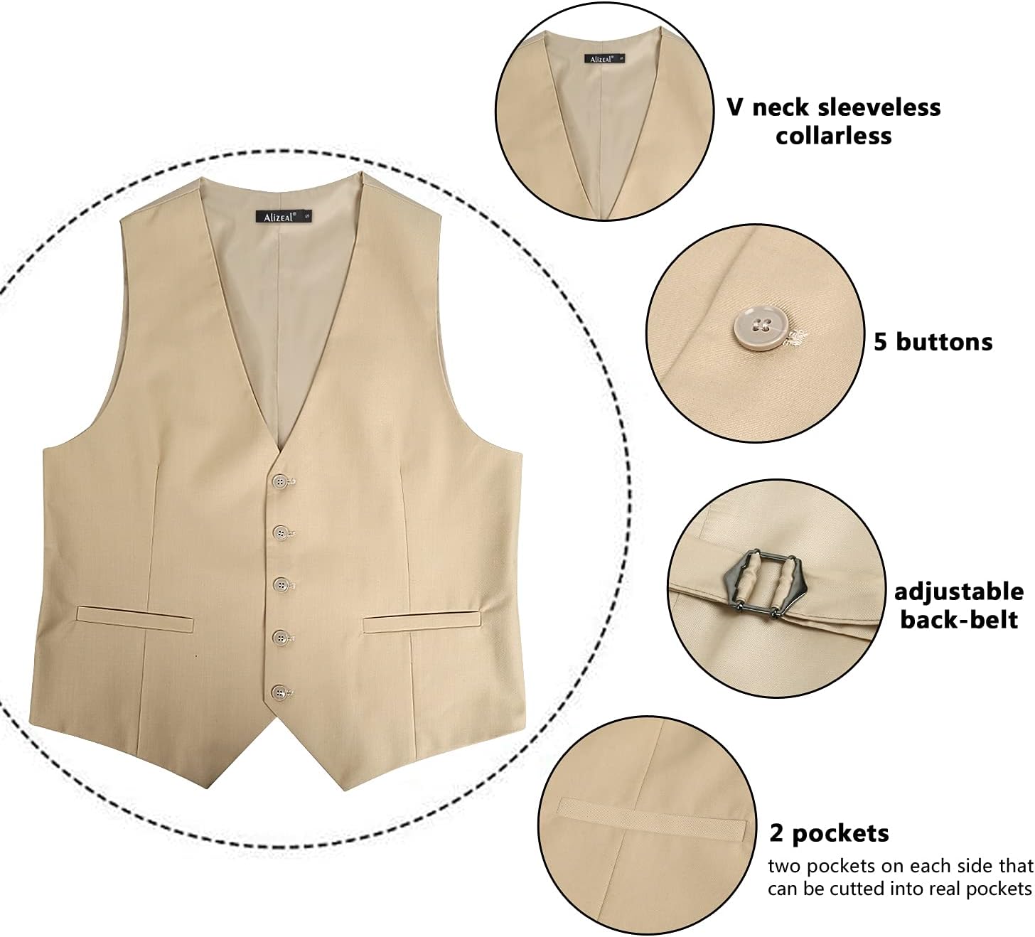 Thumbnail 3 de Alizeal Men’s Classic Solid Colour Business Suit Vest (Regular Fit) – Tuxedo Waistcoat