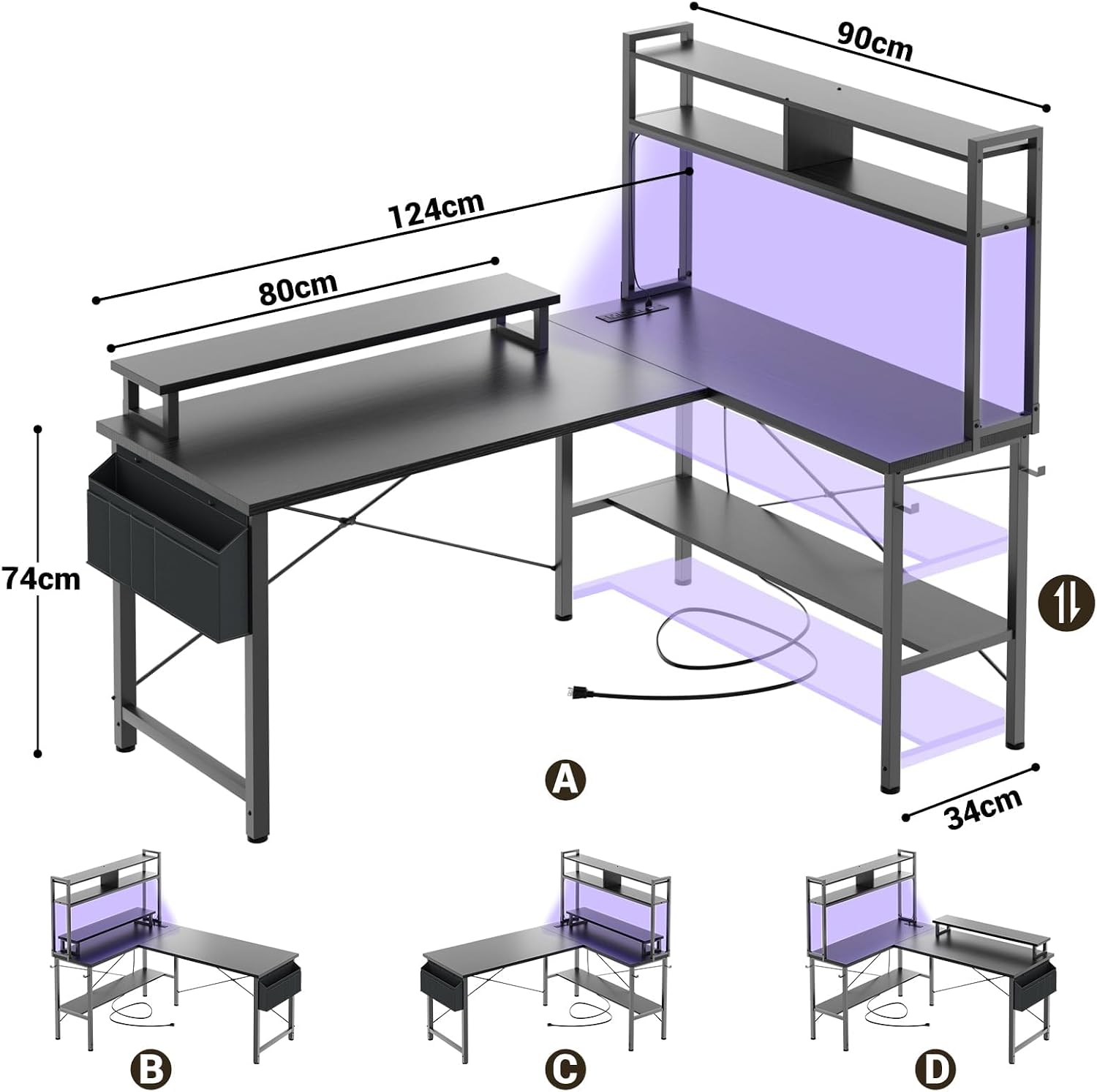 Detalle de iSunirm L Shaped Gaming Desk with Power Outlets & LED Lights