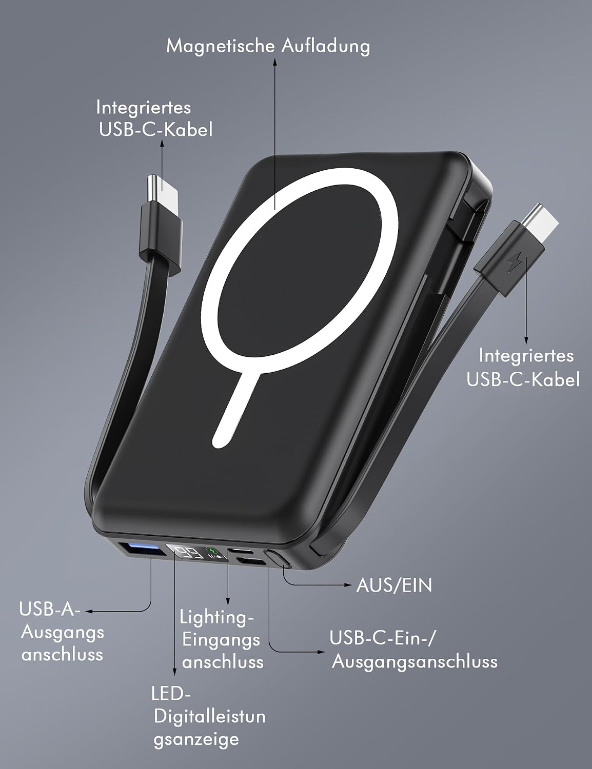 Detalle de Podoru MagSafe Powerbank 10000mAh – Kabellose Powerbank mit LED-Display, PD 20W und doppelt integrierten USB-C Kabeln