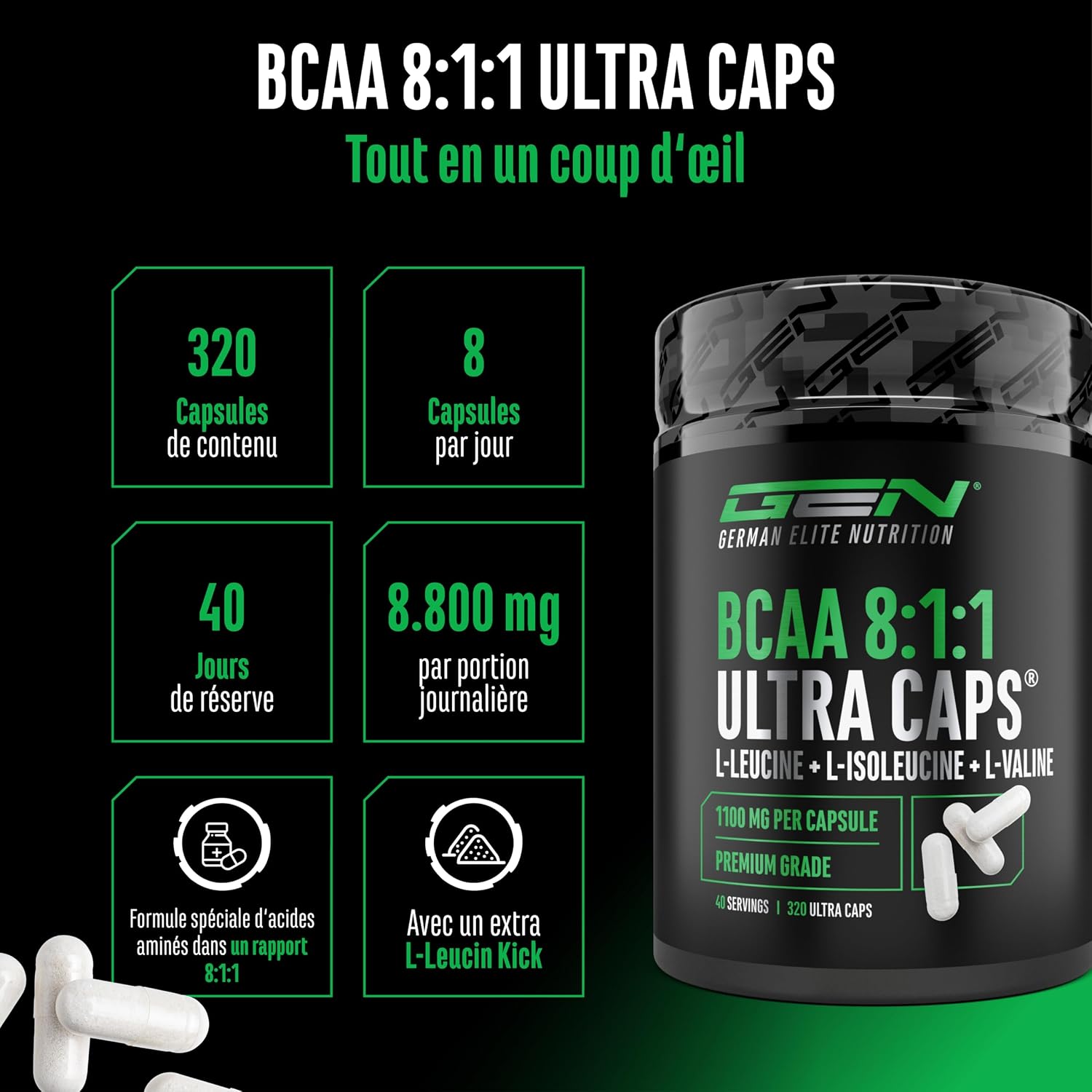 Detalle 2 de GEN GERMAN ELITE BCAA 320 gélules 💊