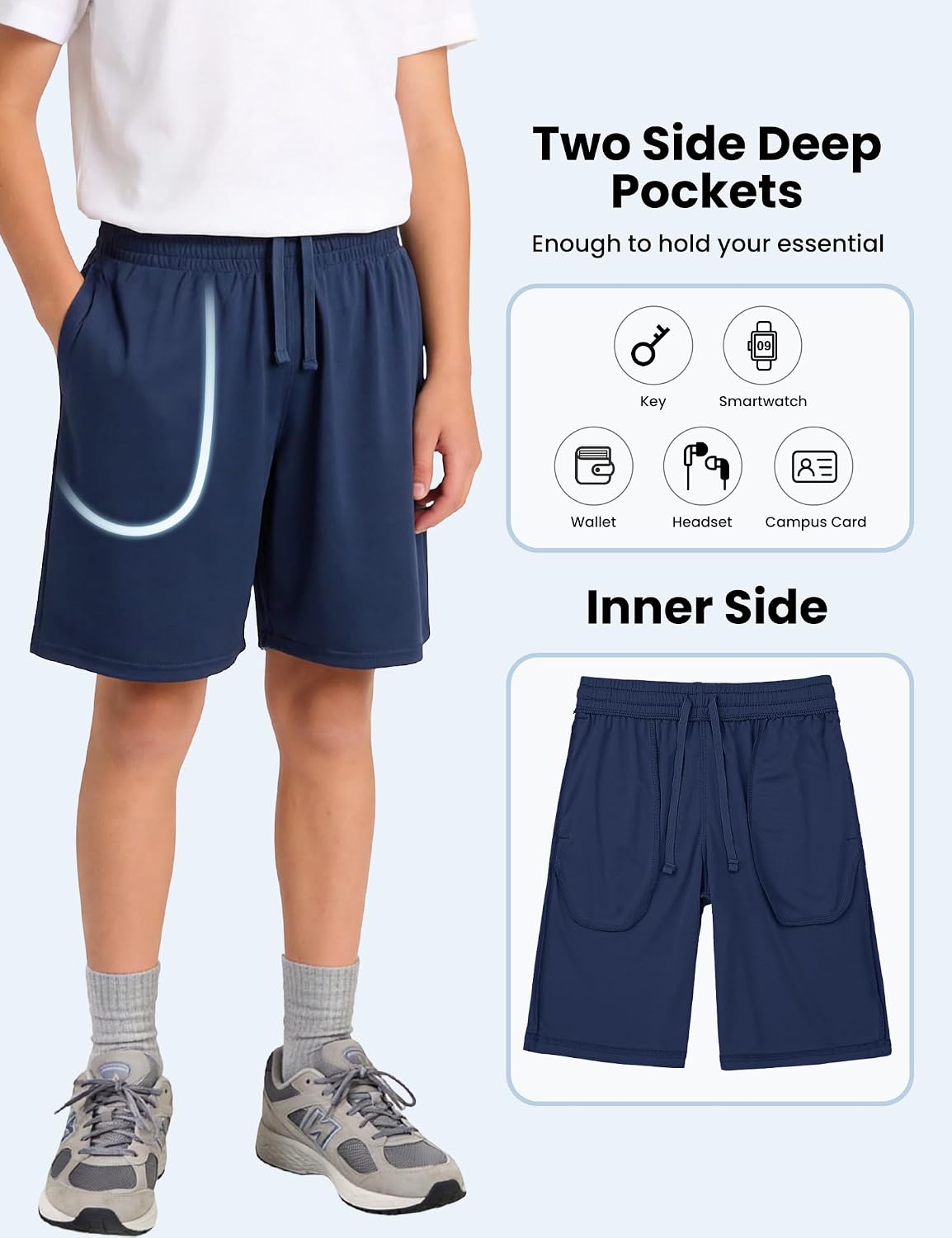 Detalle 2 de YOIOWVY 5er Pack Kurze Hosen Jungen – atmungsaktive Funktionsshorts für Laufen, Basketball & Fußball