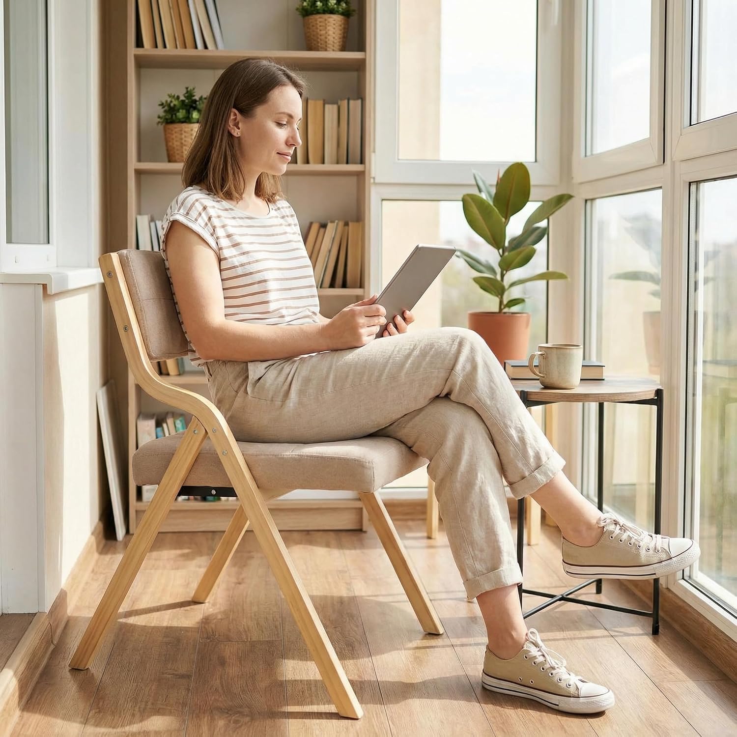 Detalle 2 de Clevich LJ-881 gevoerde houten klapstoel, beige met linnen bekleding