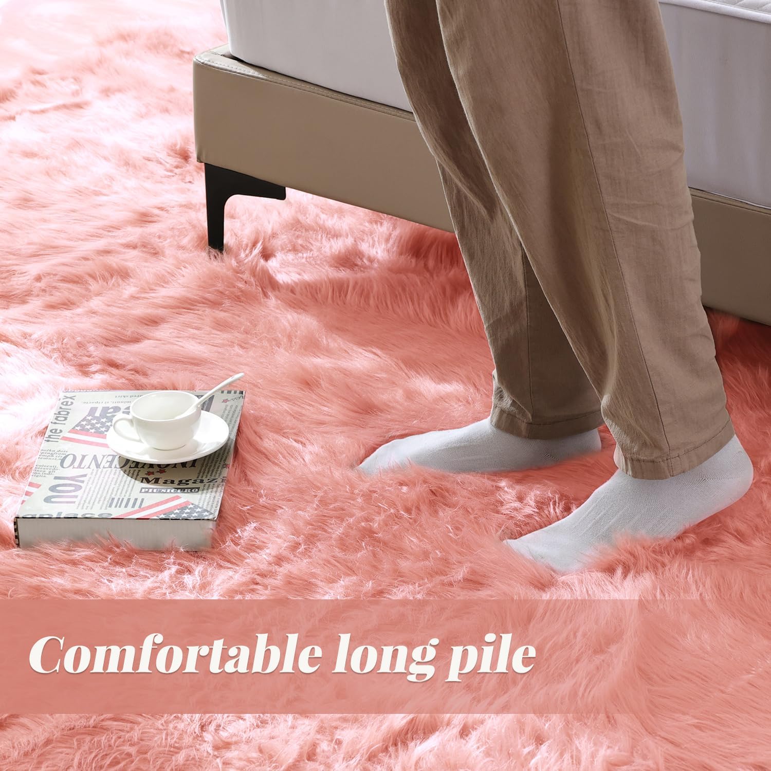 Thumbnail 3 de ORINOVA Tapis Rose 60x180 cm en fausse peau de mouton (faux mouton/moumoute) pour descente de lit