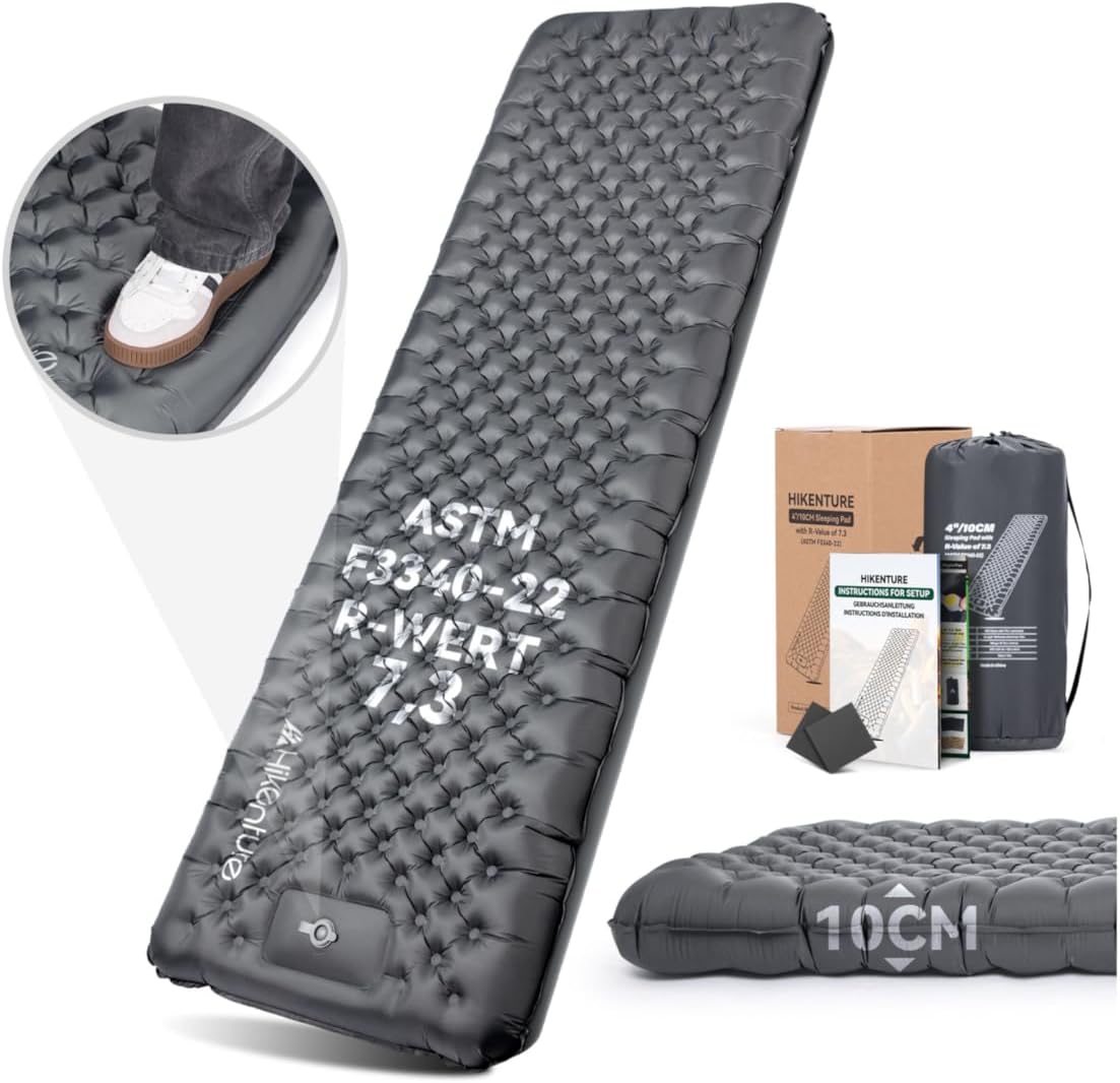 Detalle de HIKENTURE 1231 opblaasbare kampeermat 10 cm, R-waarde 7,3 en 210 × 64 cm
