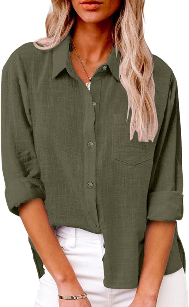Detalle de Friptspyg Damen Bluse – Lässige Langarm-Hemdbluse aus 100% Baumwolle, V-Ausschnitt, Tasche, Weiß