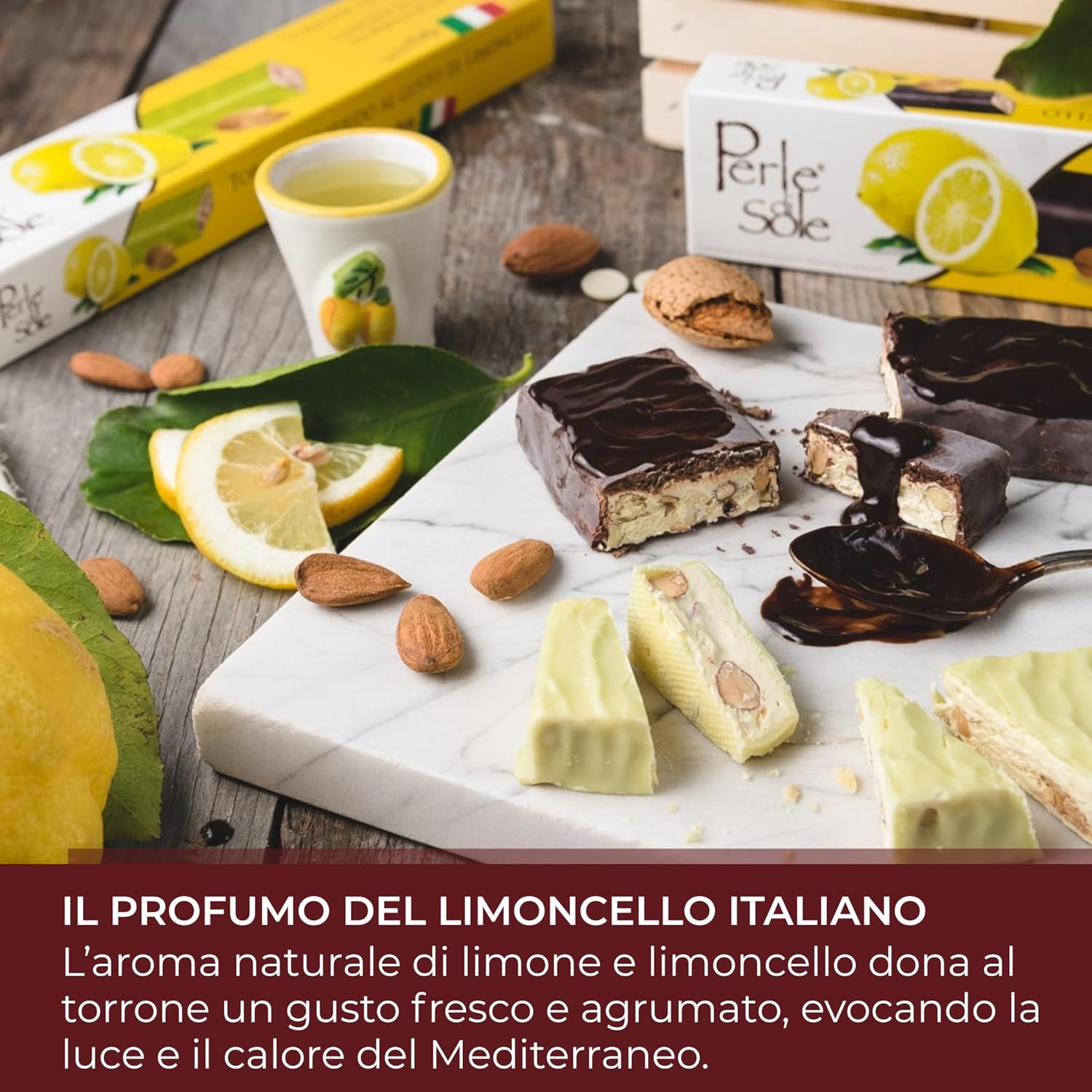 Detalle 2 de Perle di Sole – Torrone Morbido Fondente al Limoncello, 150 g: artigianale italiano con mandorle e rivestimento di cioccolato fondente